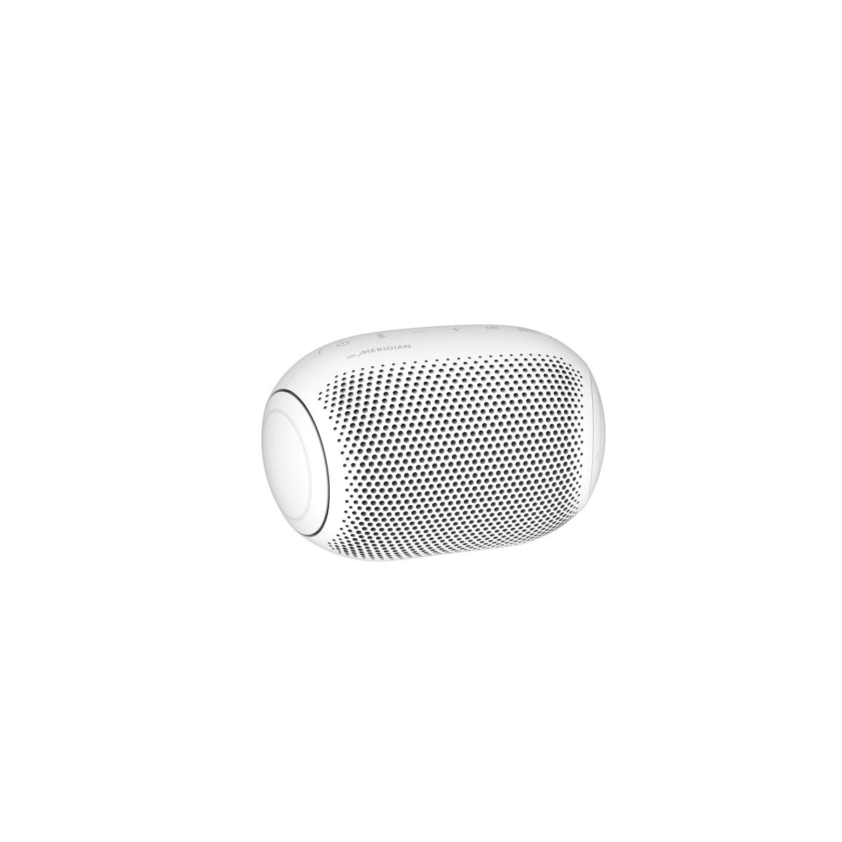 Un altavoz Bluetooth LG Meridian blanco, de forma ovalada. Tiene una rejilla frontal y un diseño suave y redondeado.