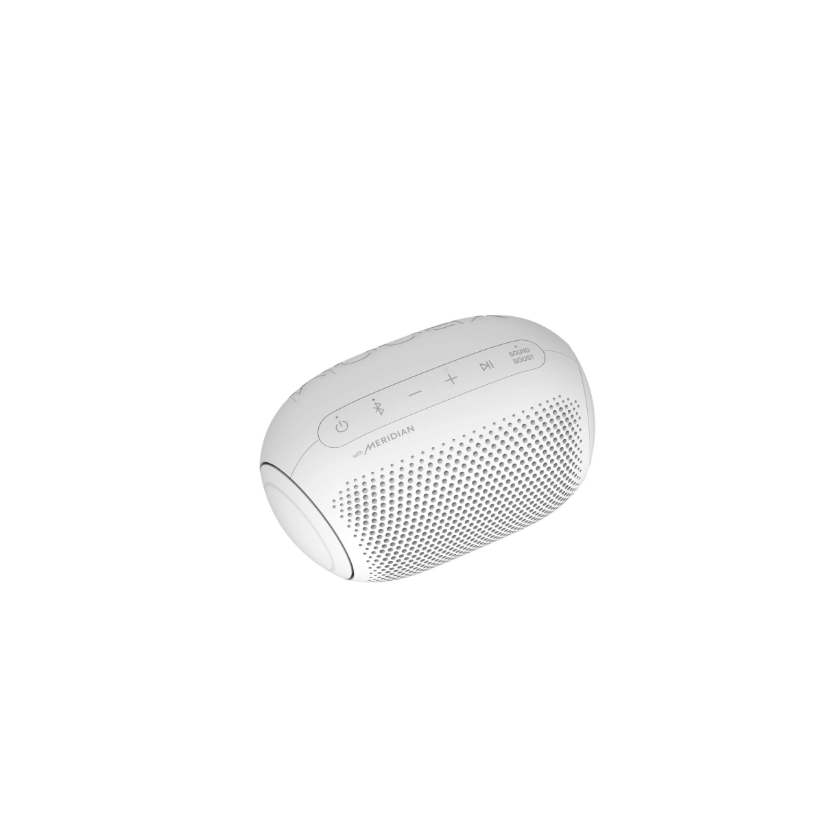 Altavoz ovalado blanco con botones y superficie perforada. Fondo blanco.