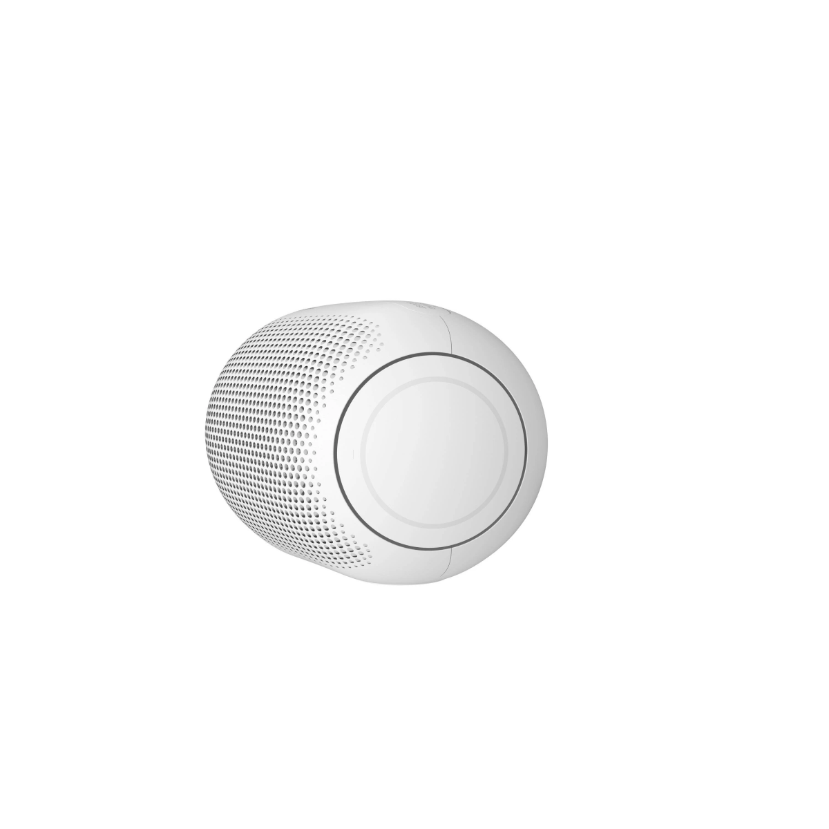 Altavoz blanco, esférico, con frontal perforado y diseño circular central.