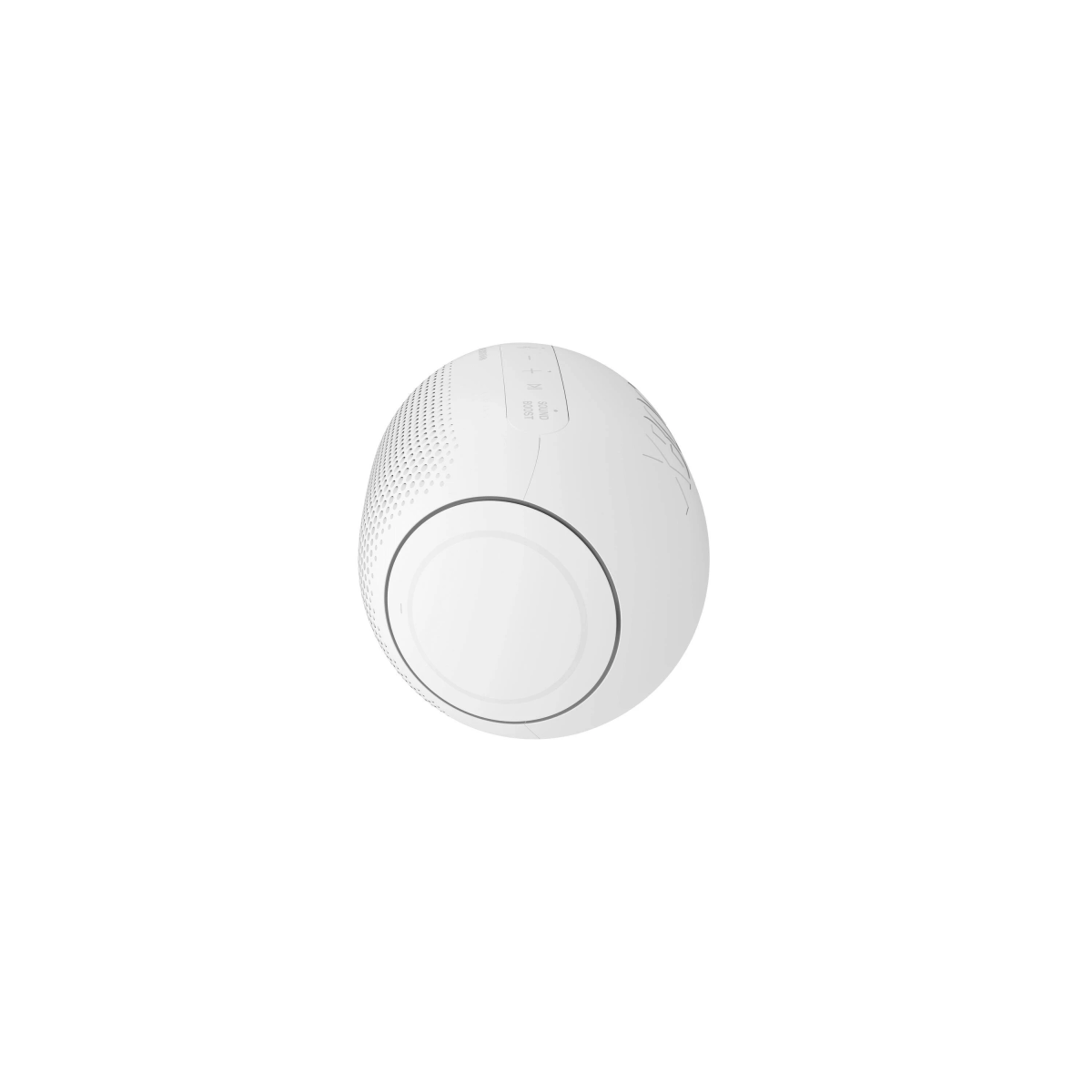 Un altavoz blanco con forma redonda. Está sobre un fondo blanco y tiene algunos botones.