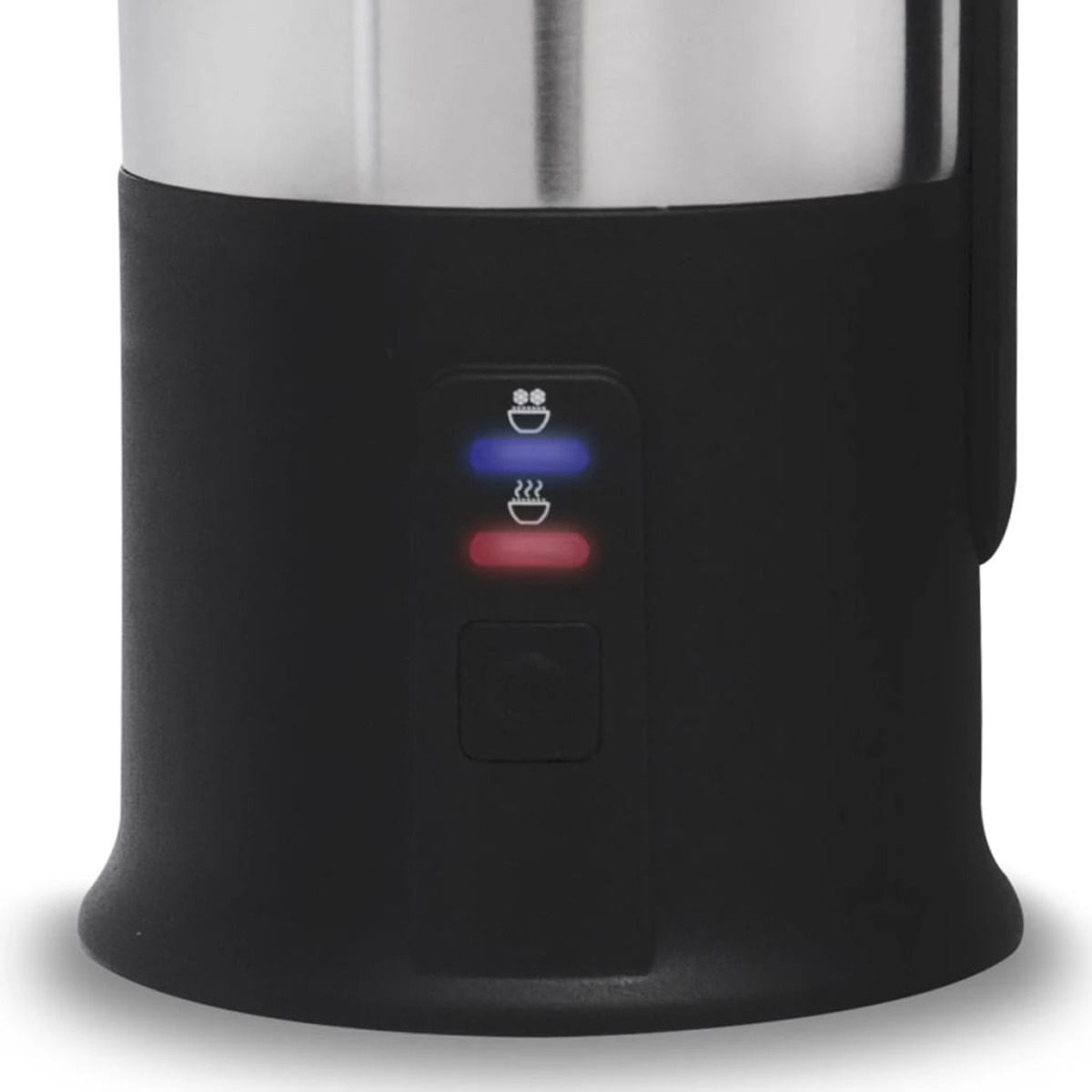 Close-up of a black and silver appliance with indicator lights. Red light is on.