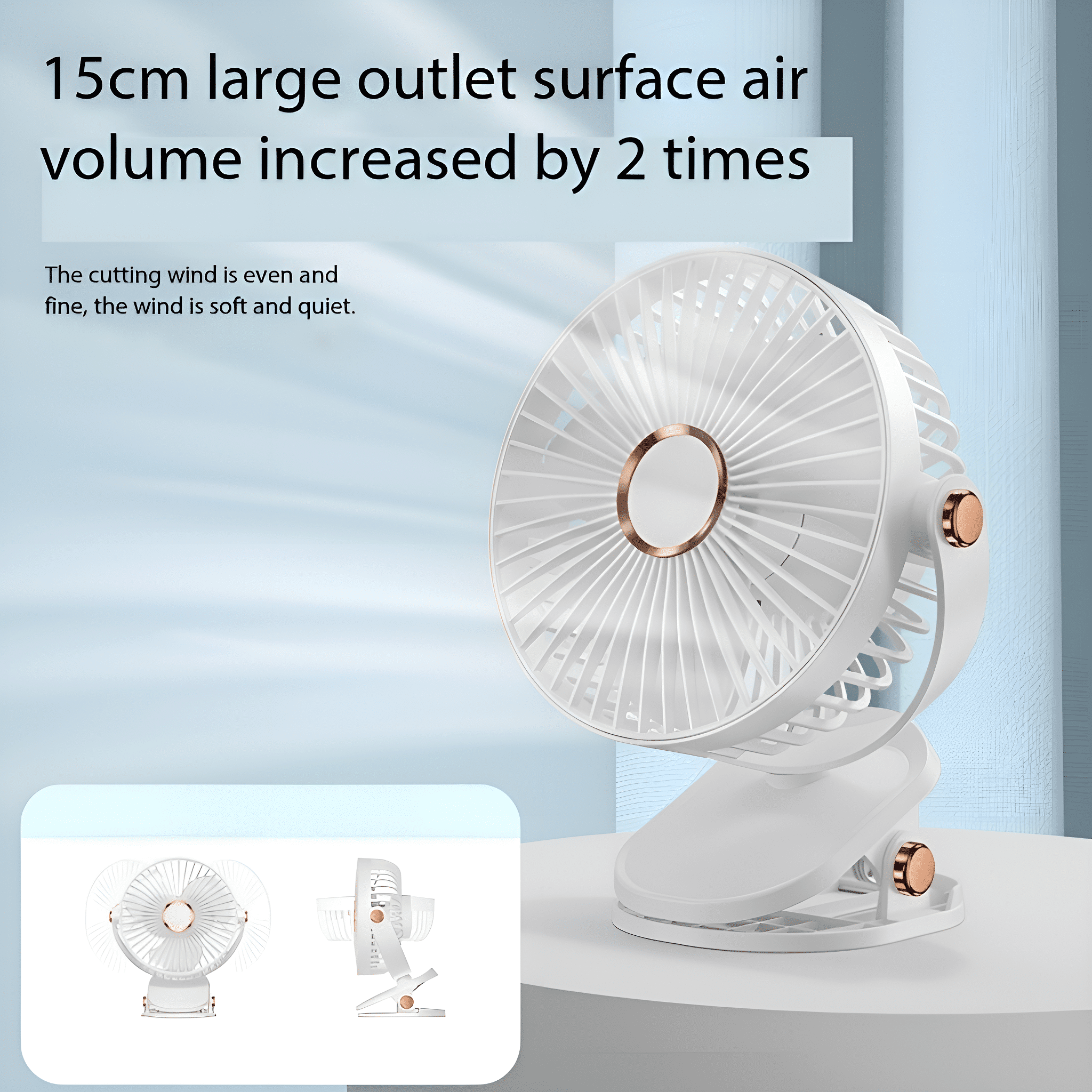 Ein weißer Ventilator mit goldenen Details auf einem weißen Tisch und zwei kleinen inset Bildern.