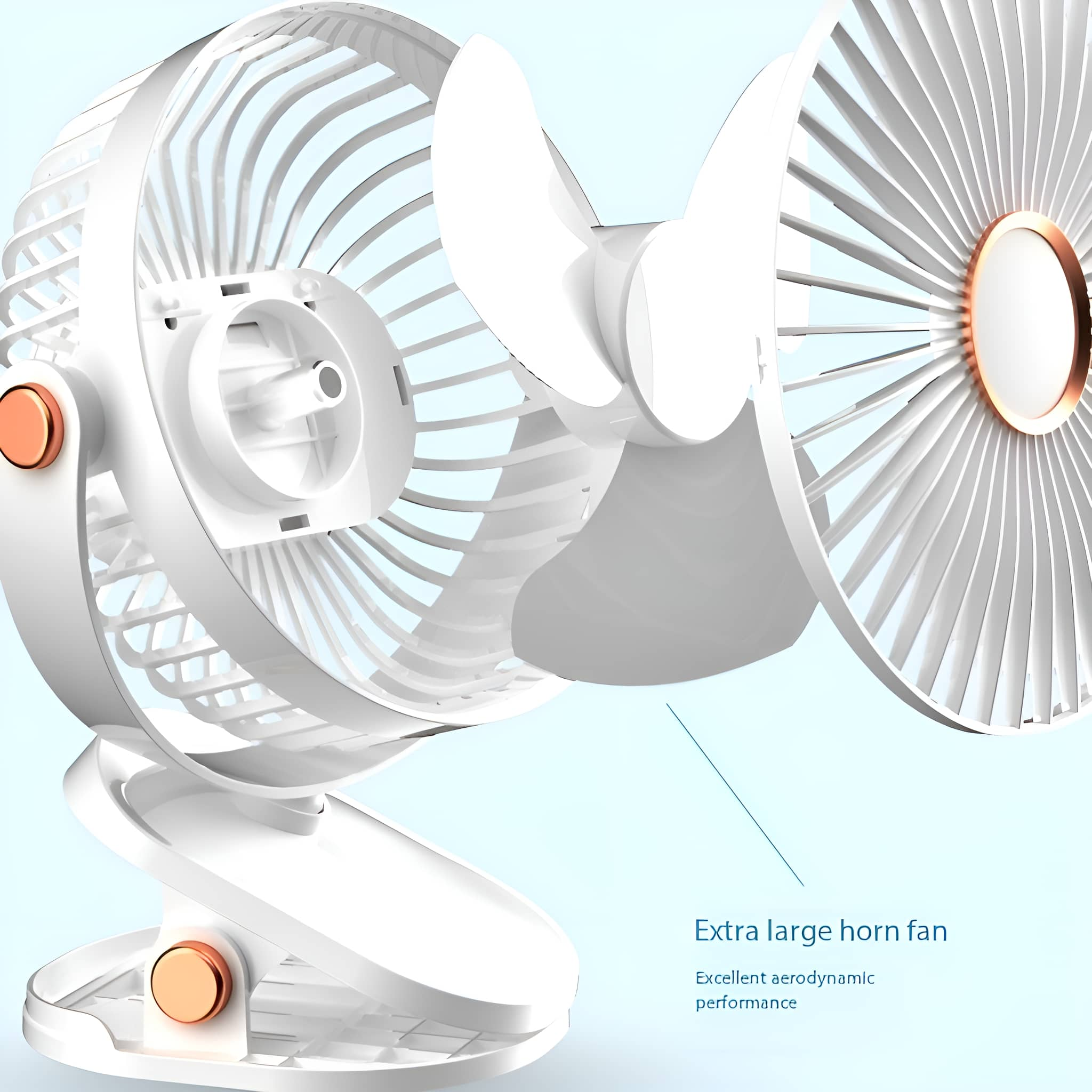Ein weißer Mini-Ventilator mit drei Flügeln, zwei kupferfarbenen Akzenten und einem Clip-On-Sockel.