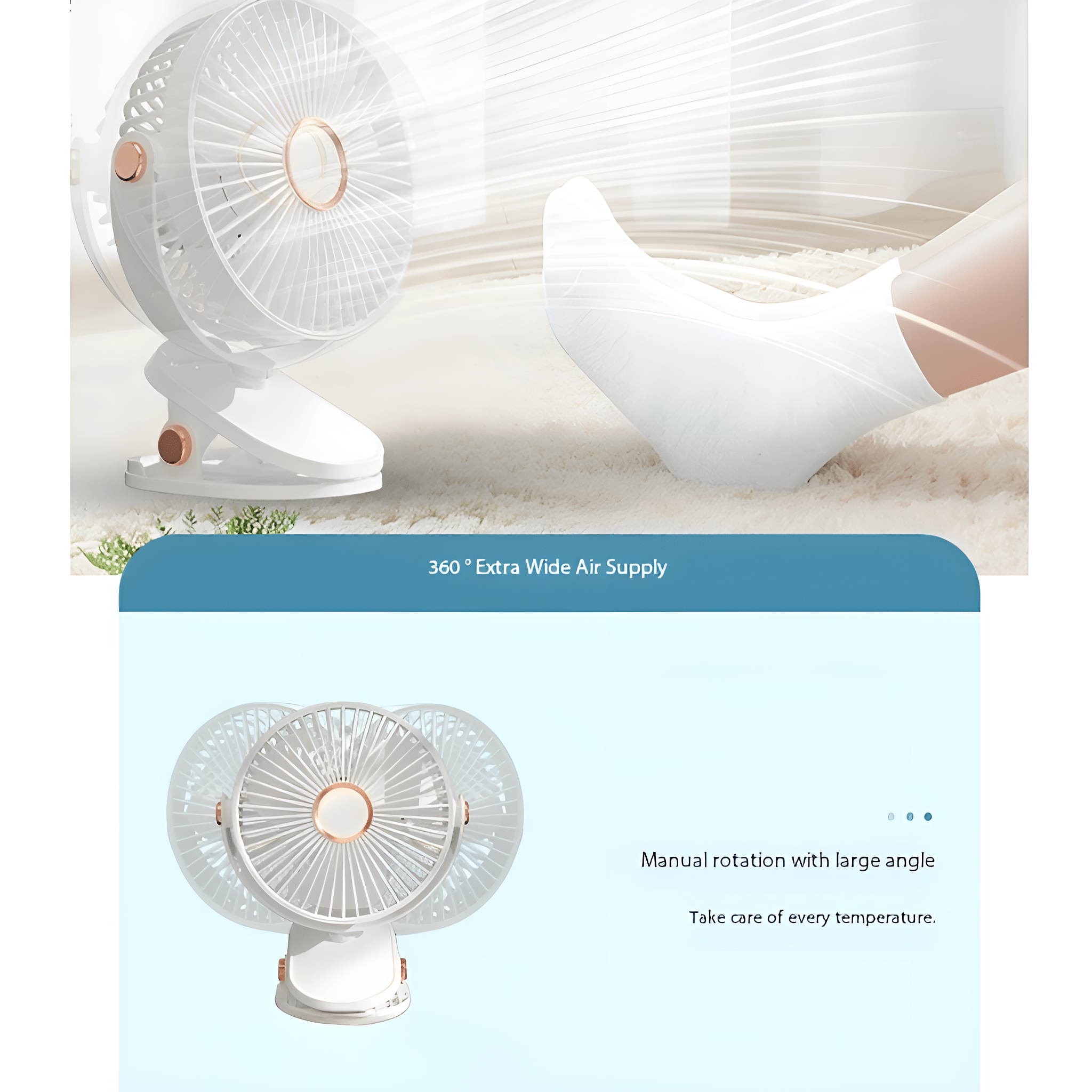 Weißer Ventilator mit roségoldenen Akzenten, der Luft bläst. Grafiken zeigen die Rotation.