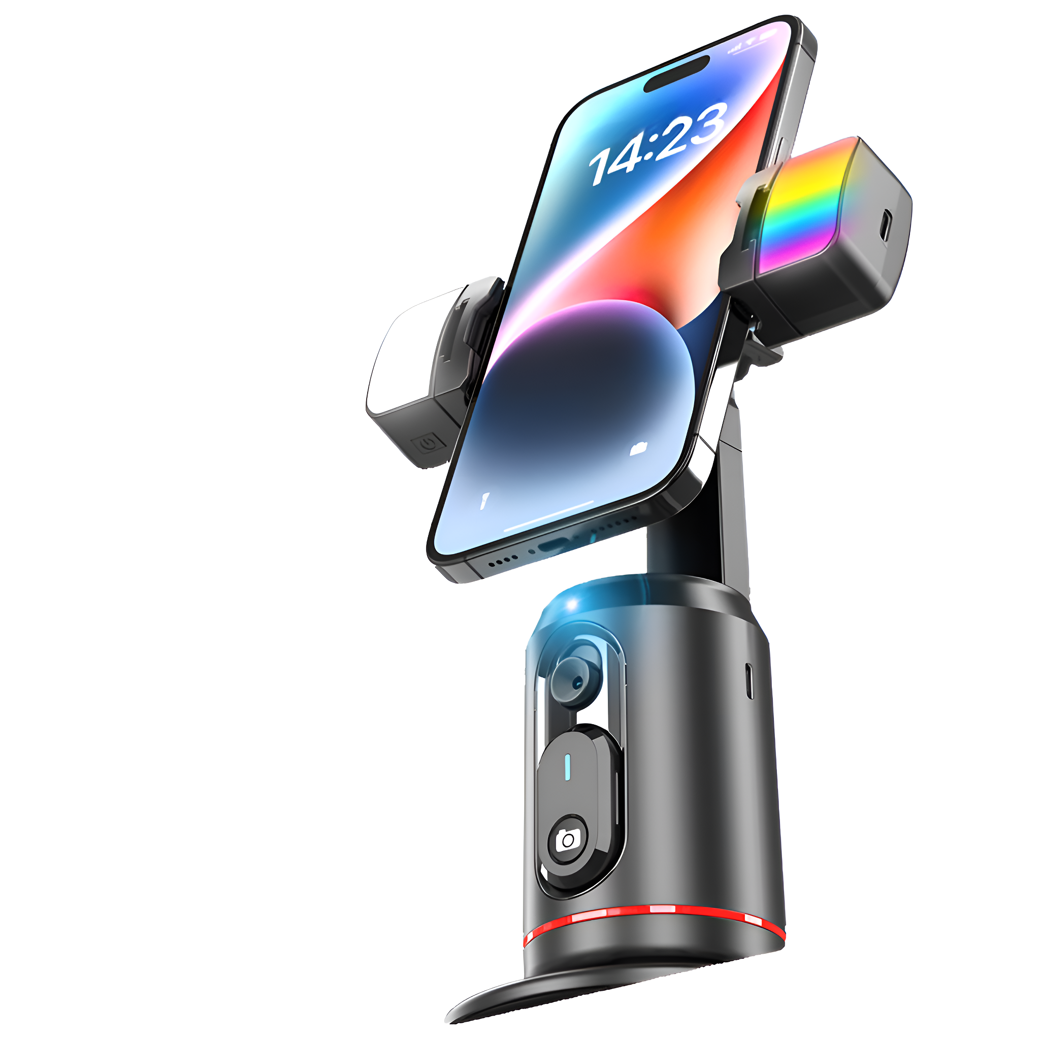 Schwarzer Telefonhalter mit Telefon, das 14:23 zeigt. Er hat Lichter und eine rotierende Basis.