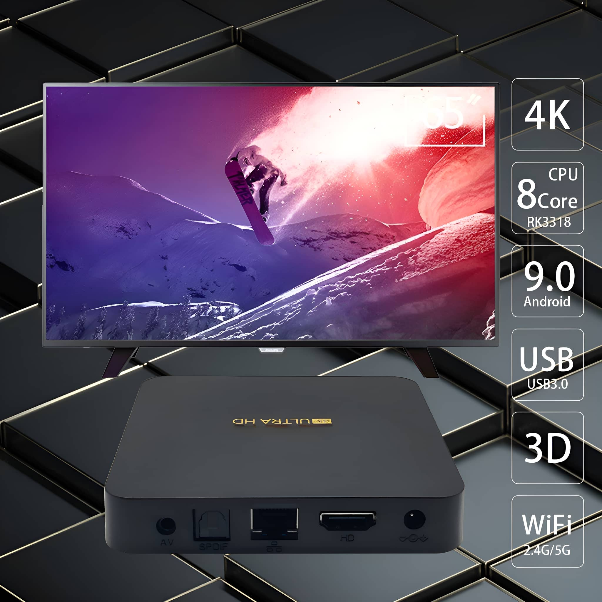 Eine schwarze TV-Box mit einem Bildschirm, der eine Actionszene zeigt. Text kennzeichnet sie als 4K, 8Core, Android, USB, 3D und WiFi.