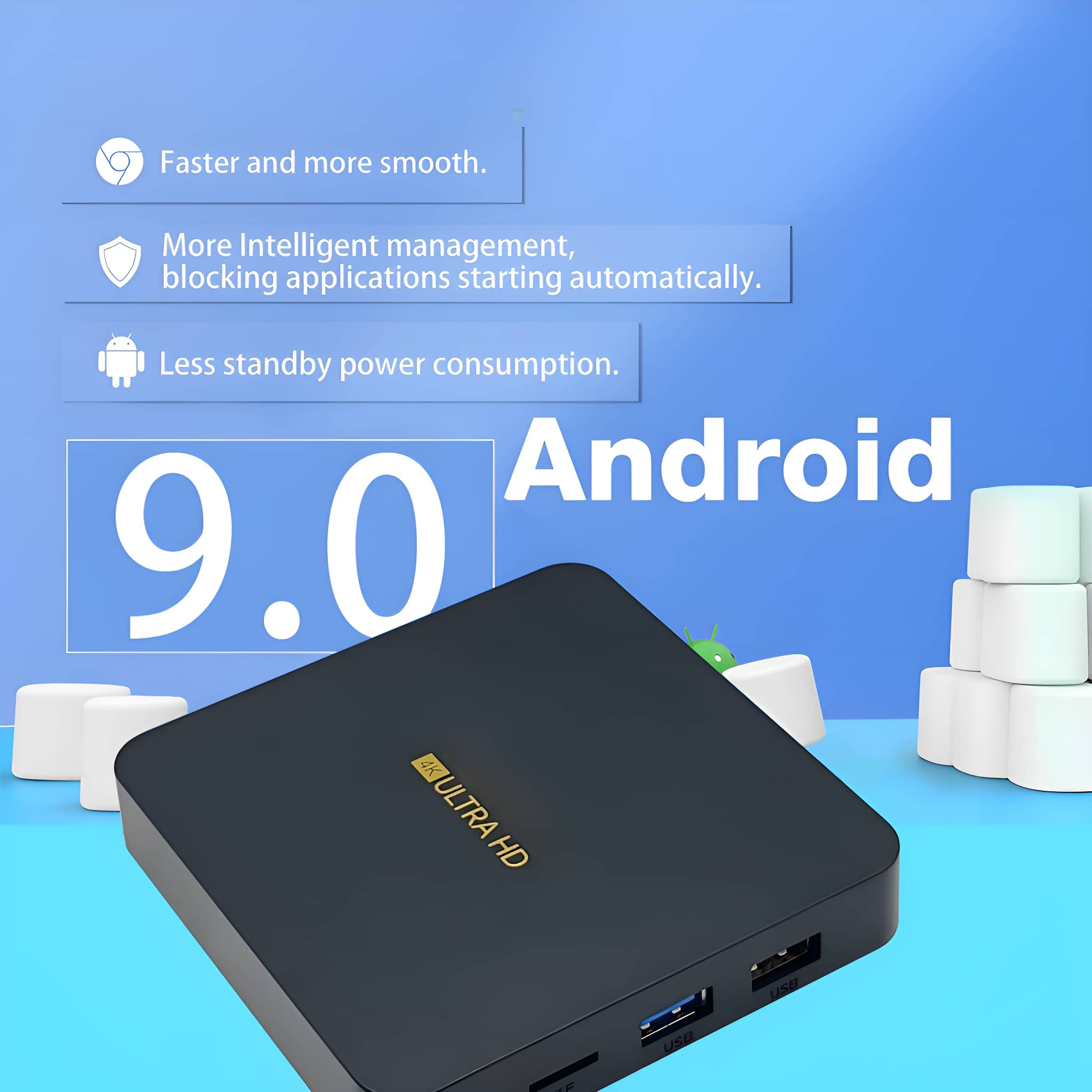 Eine schwarze Android-Box mit der Nummer 9.0 auf dem Bildschirm und etwas Text.