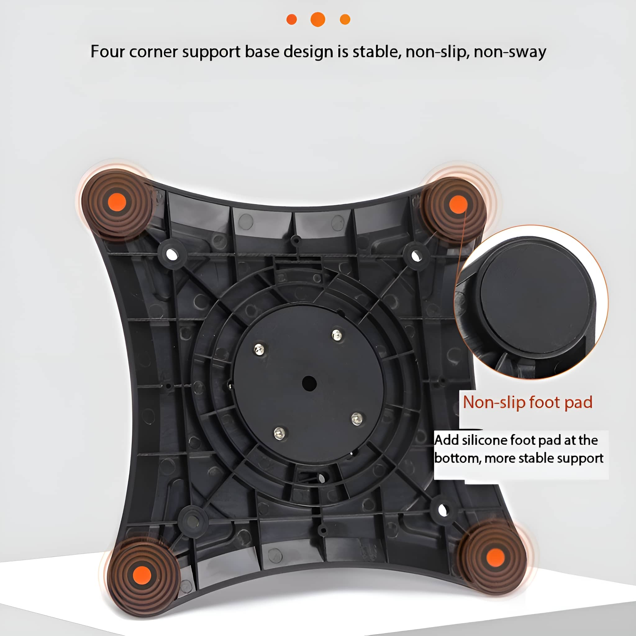 Schwarze quadratische Basis mit orangefarbenen Punkten. Rutschfeste Fußpads für Stabilität.