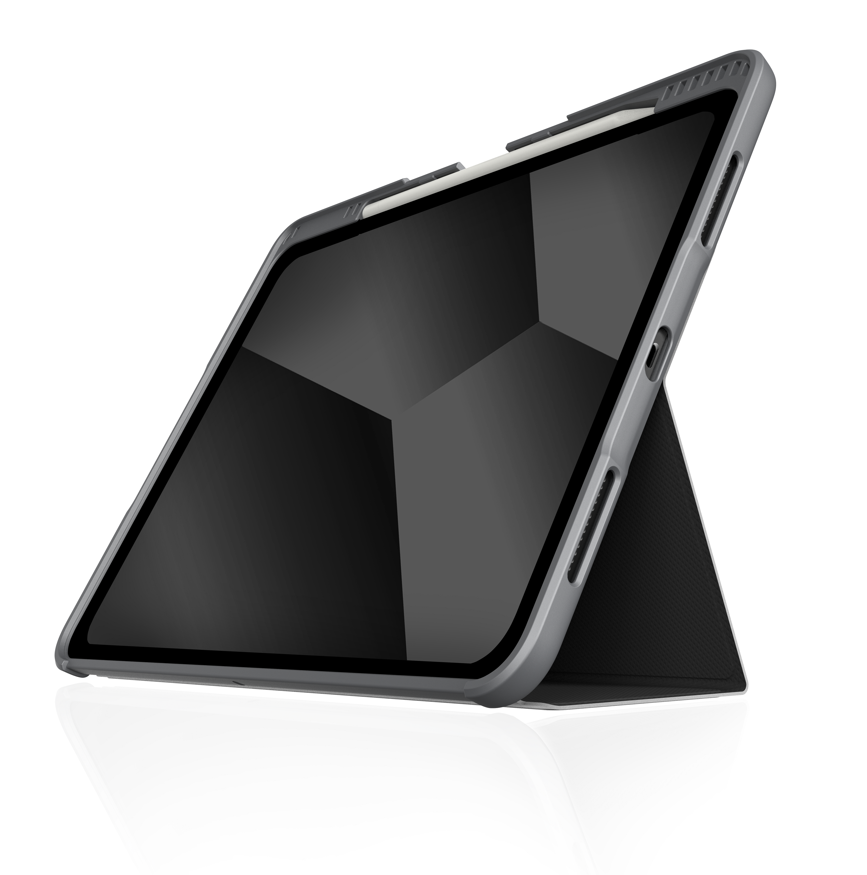 Ein Tablet in einem grauen Gehäuse, abgewinkelt aufgestellt, mit einem Stift an der Seite und weißem Hintergrund.