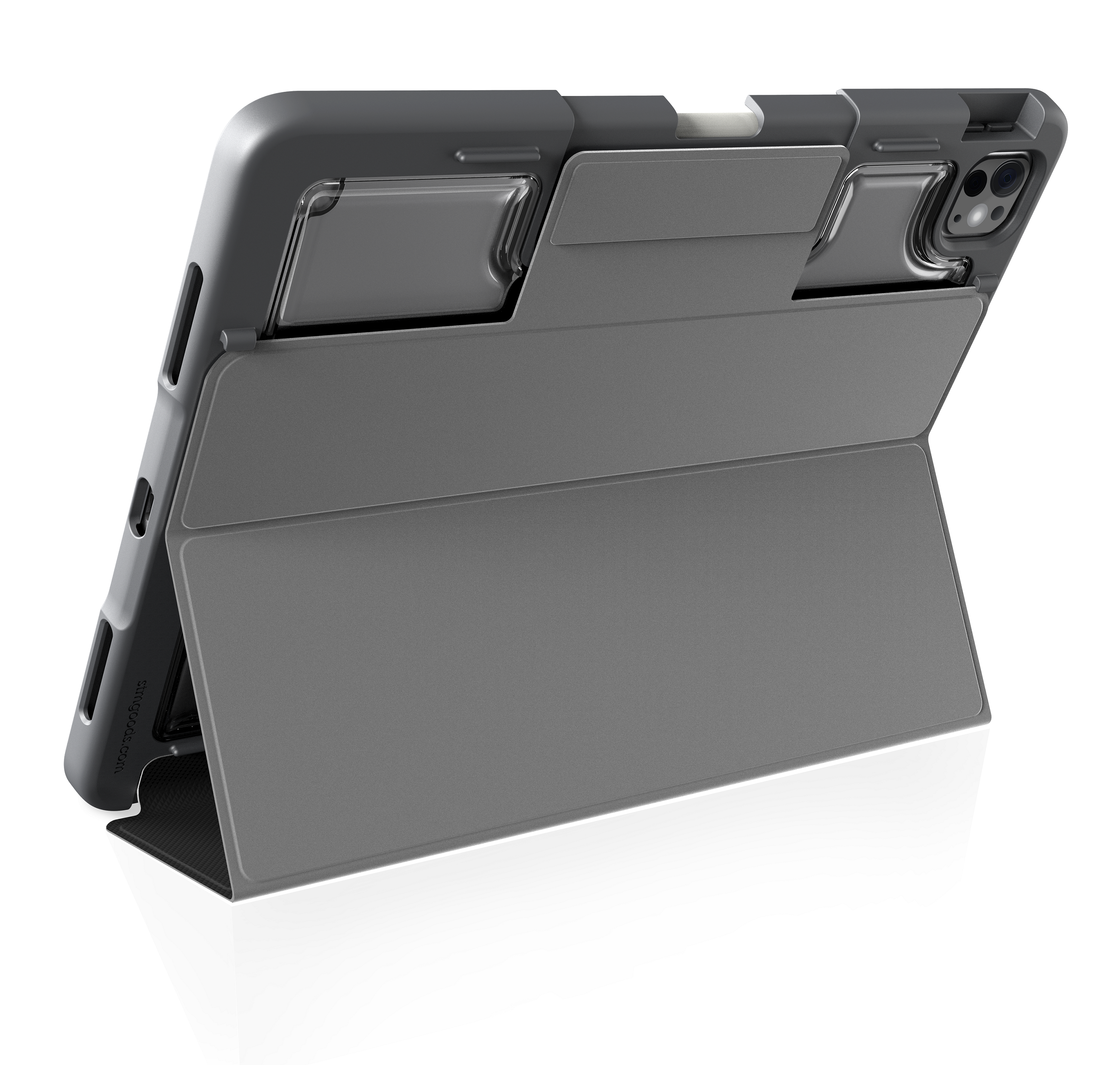 Graue Tablet-Hülle mit geöffneter Abdeckung und Ständer auf weißem Hintergrund.