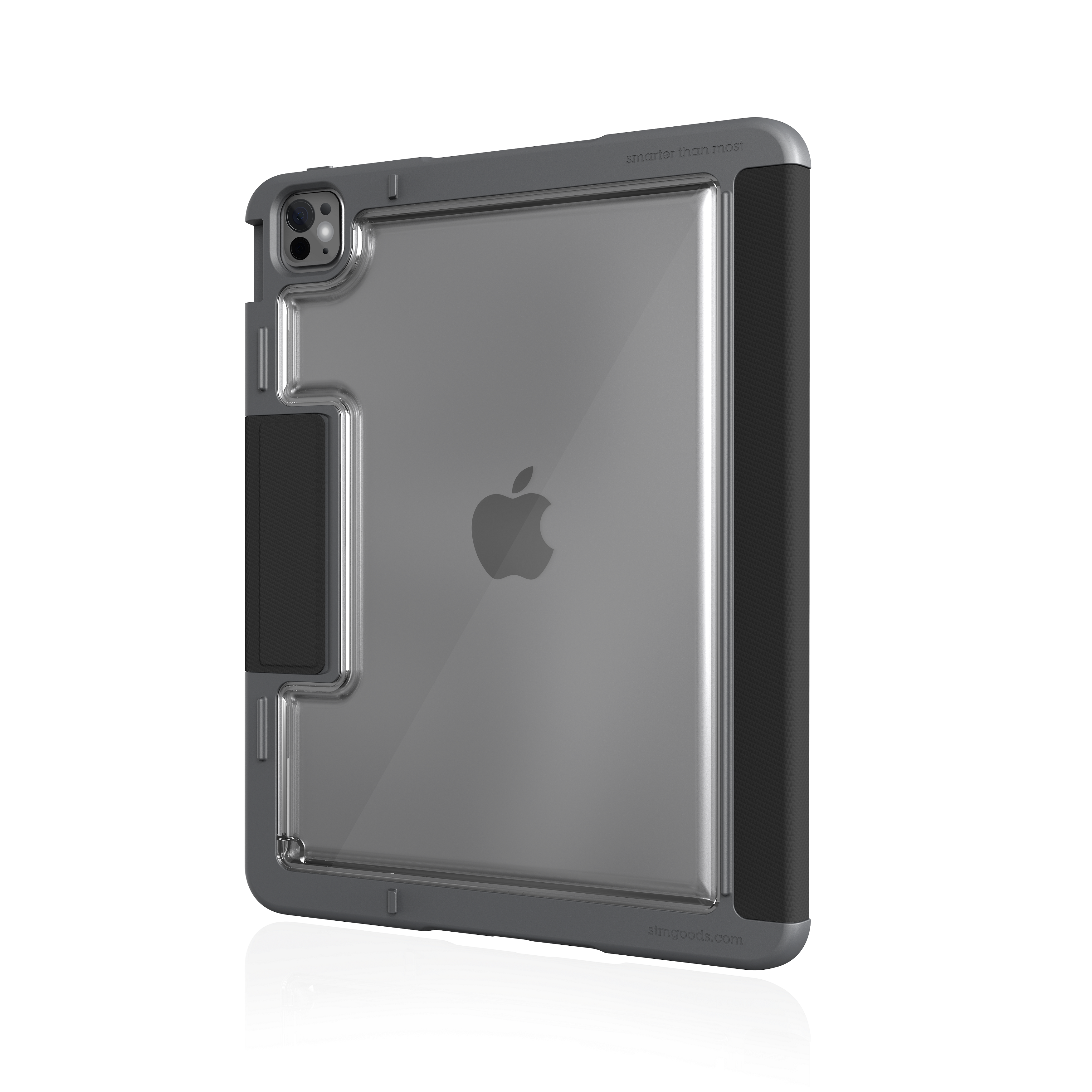 Transparente, graue iPad-Hülle mit schwarzem Griff und Apple-Logo. Klares Design.