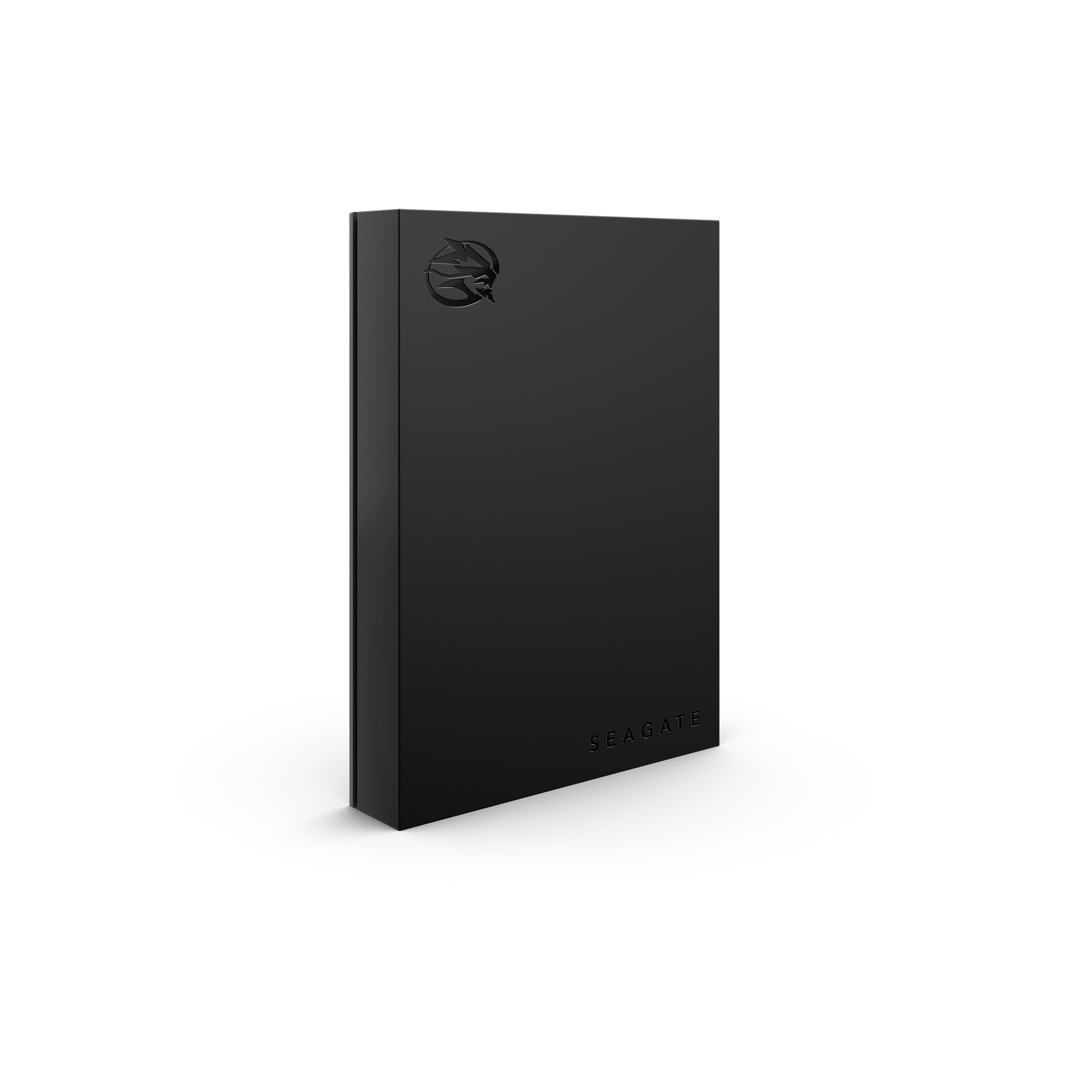 Schwarze externe Festplatte von Seagate, schlankes Design, Logo oben, weißer Hintergrund.