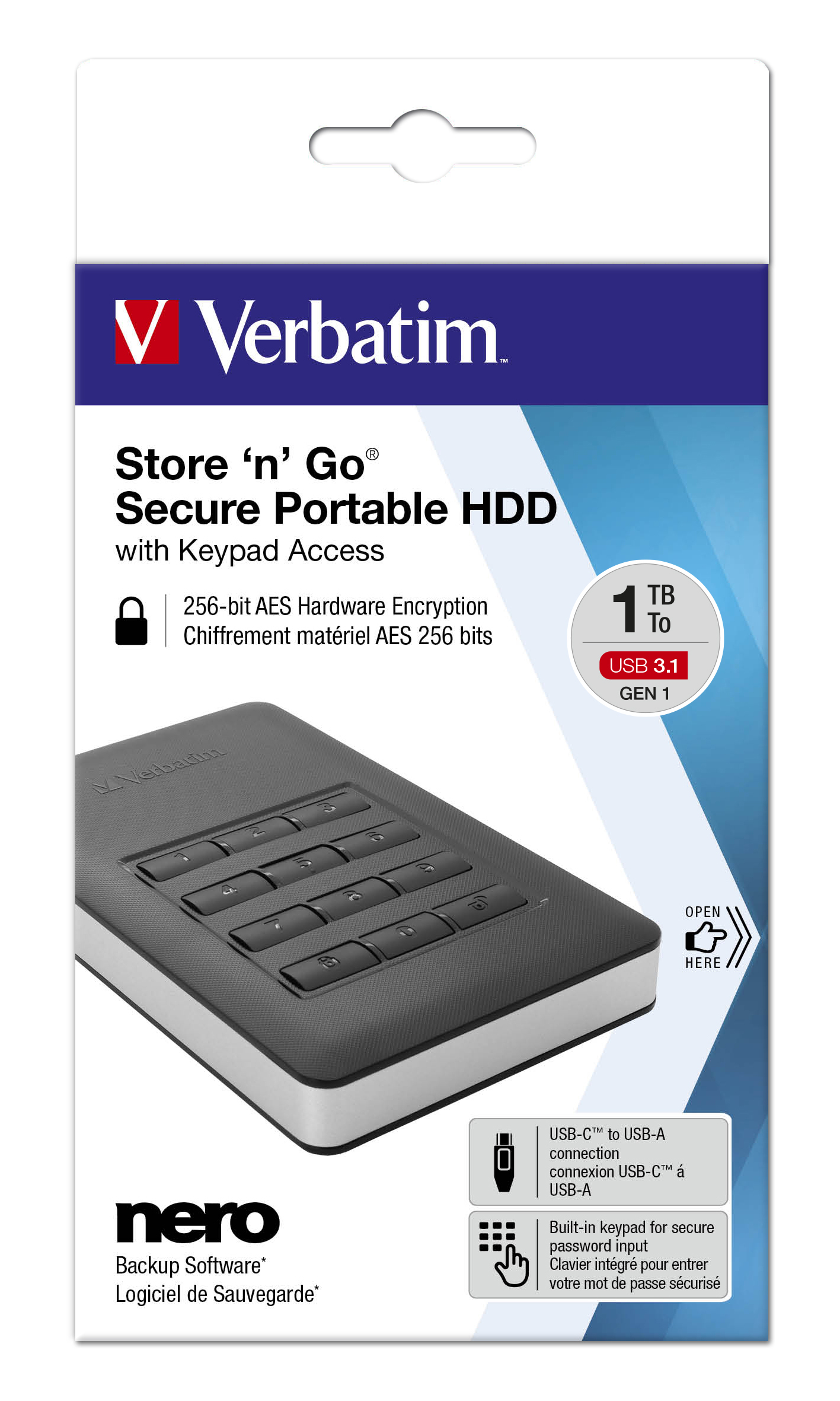 Opakowanie Verbatim Store 'n' Go Secure Portable HDD, pokazujące dysk, klawiaturę i funkcje.