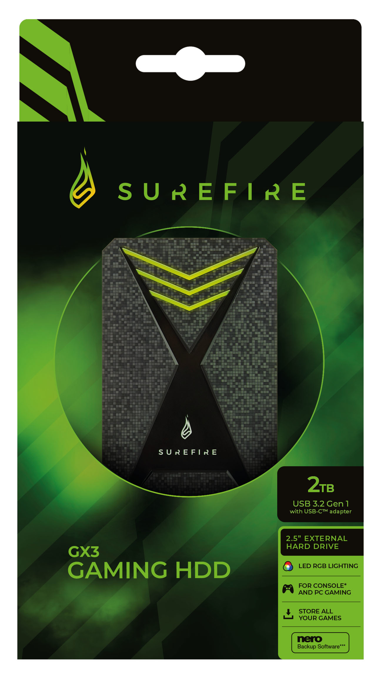 Pudełko na zewnętrzny dysk twardy Surefire. Jest czarne, ma żółto-zielony wzór. Tekst mówi 2TB.