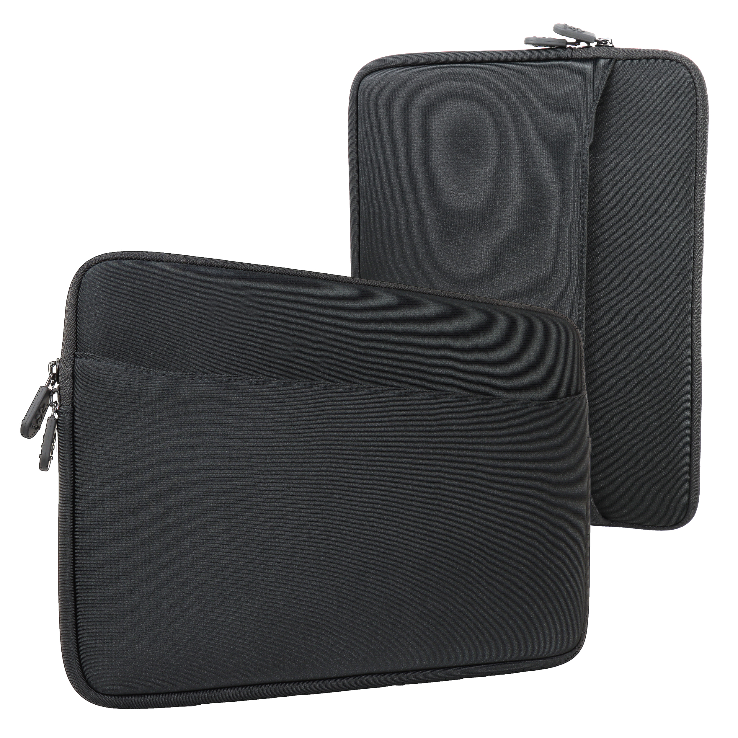 Zwei schwarze Laptop-Hüllen. Eine offen, die andere geschlossen, mit Reißverschluss und kleiner Tasche.