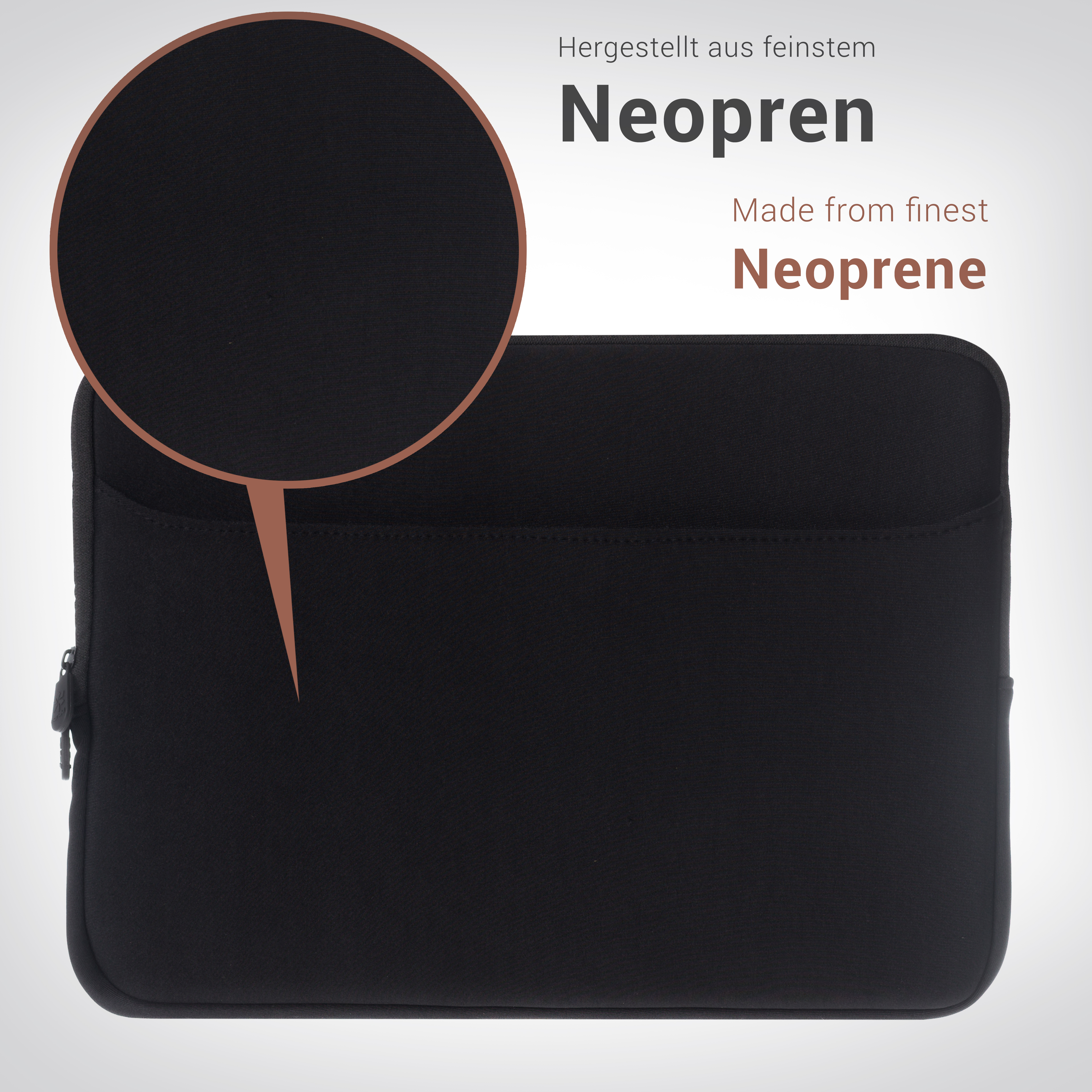 Schwarze Laptoptasche mit vergrößerter Textur auf weißem Hintergrund.