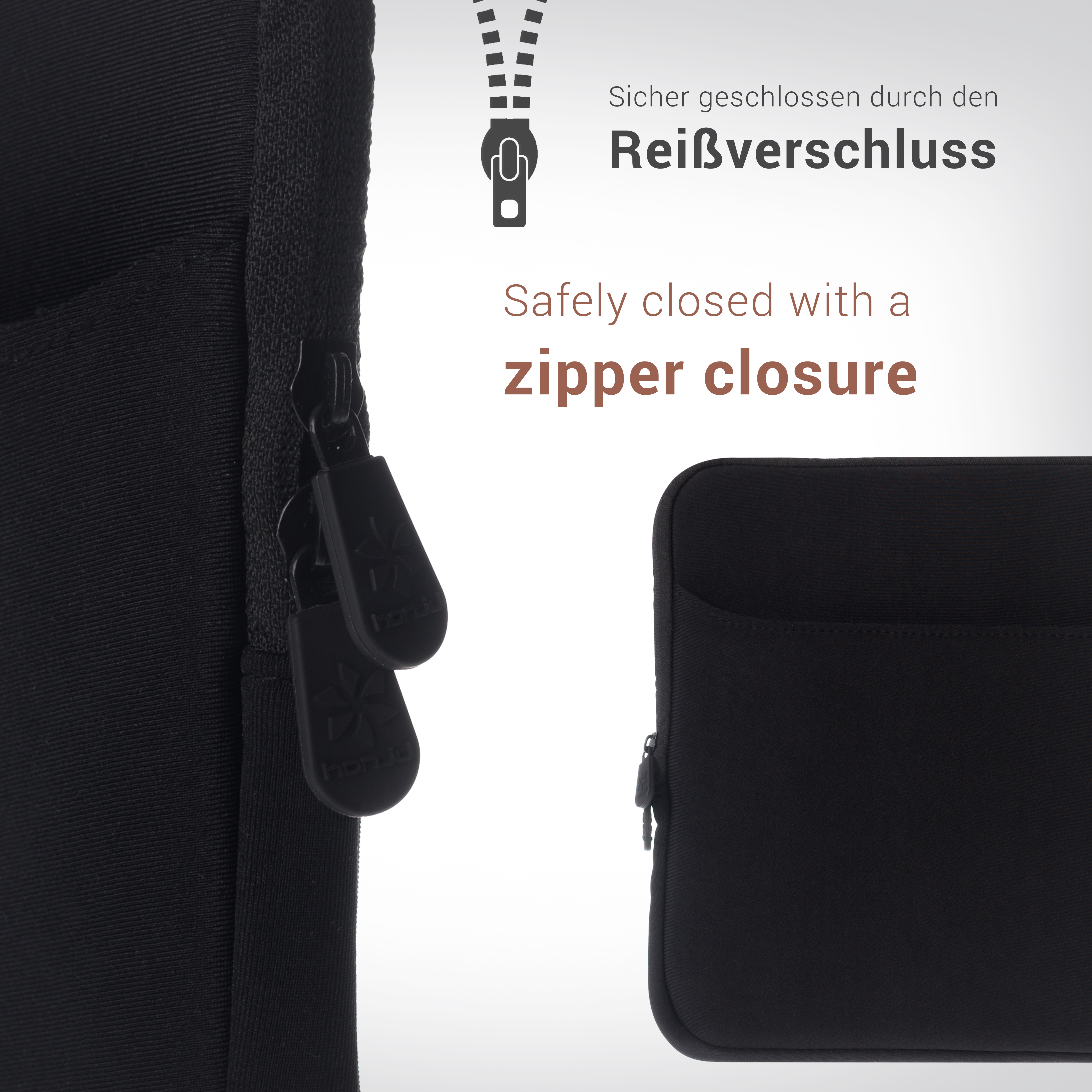 Nahaufnahme eines schwarzen Gehäuses mit Reißverschluss. Der Text besagt, dass es sicher mit einem Reißverschluss schließt.
