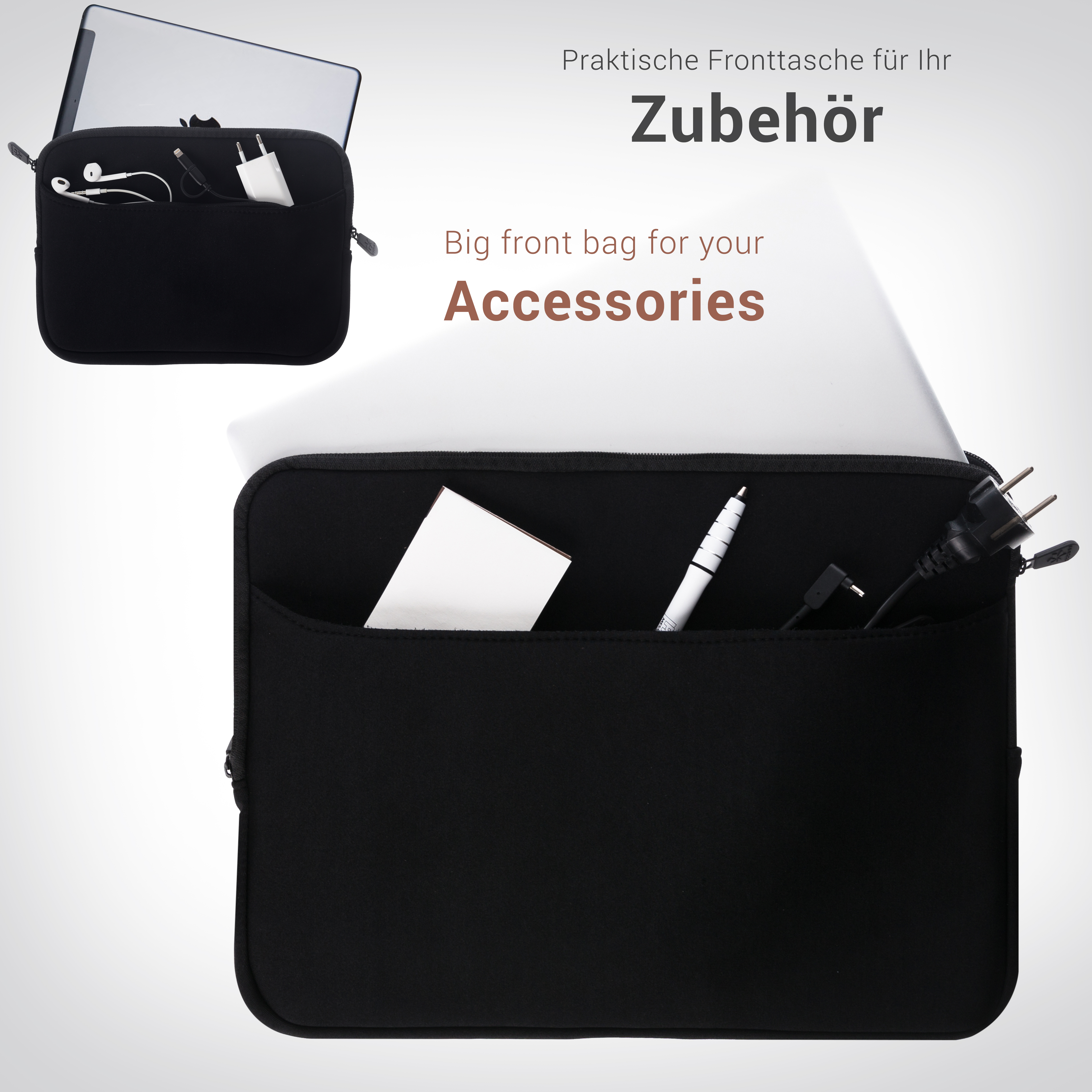 Eine schwarze Laptop-Hülle mit Zubehör in den Taschen. Ein Laptop befindet sich in der oberen Tasche.