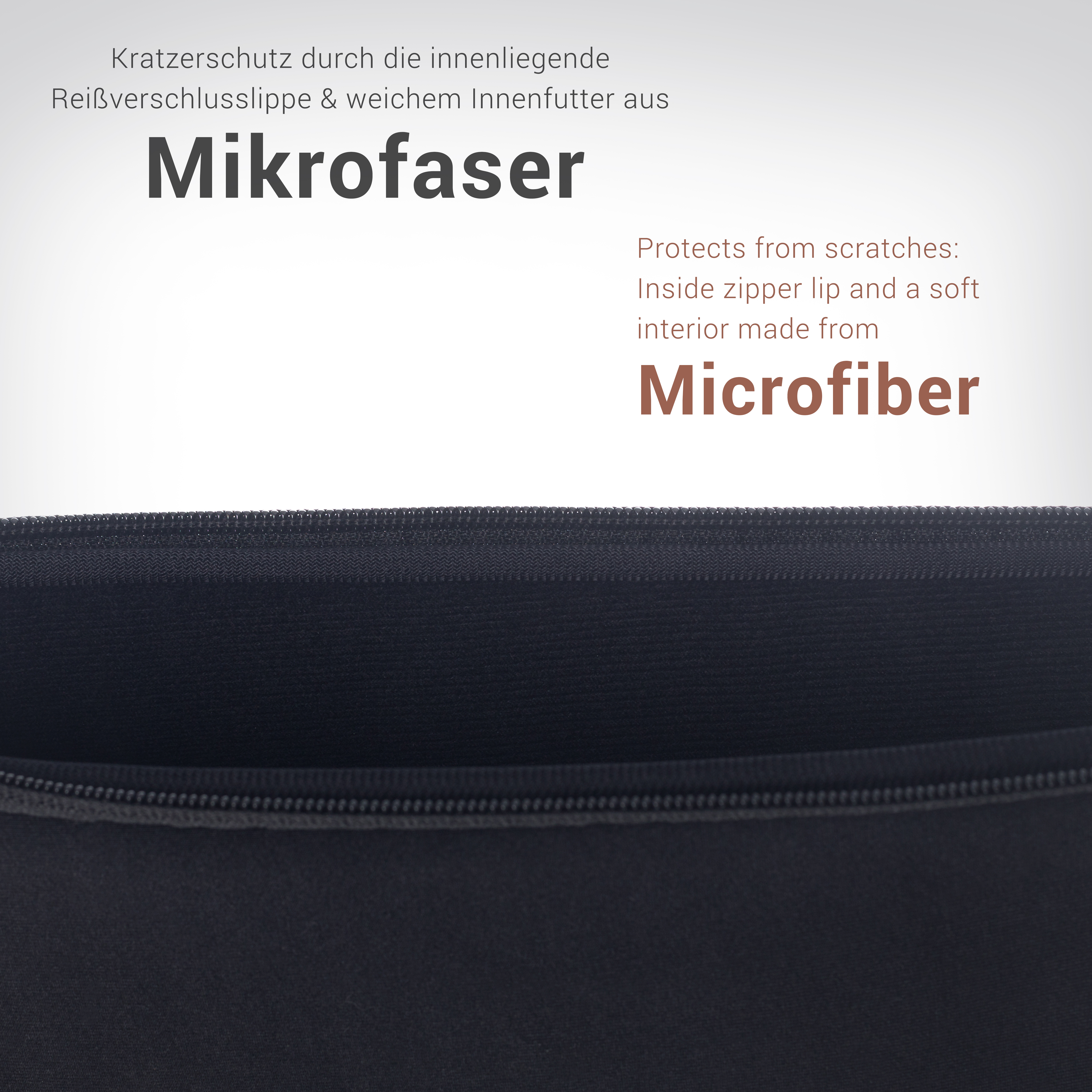Nahaufnahme eines schwarzen Gehäuses. Der Text lautet 'Mikrofaser' und der innere Reißverschluss ist sichtbar.