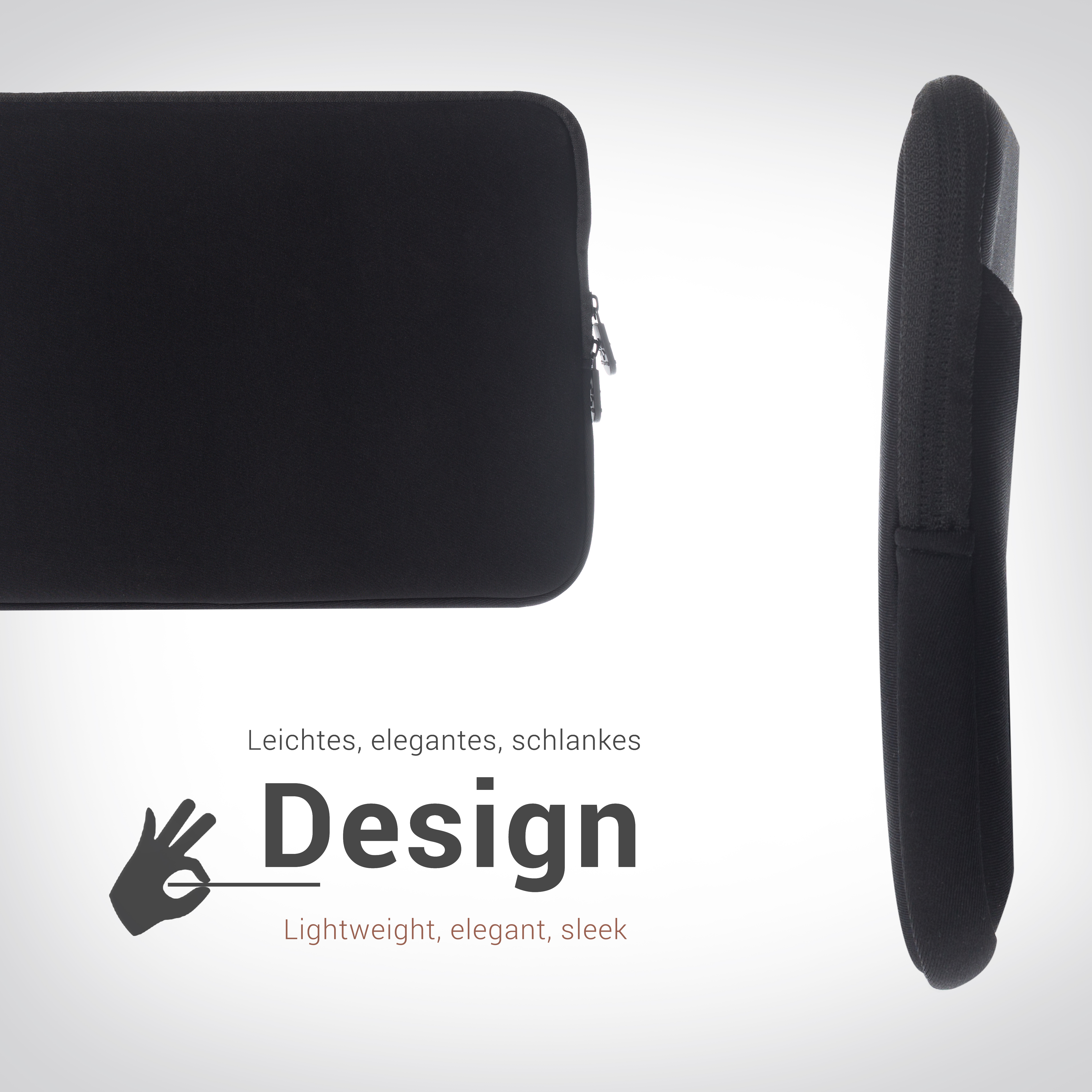 Schwarze Laptoptasche mit Reißverschluss. Text: „Leichtes, elegantes, schlankes Design“. Zwei Ansichten der Tasche.