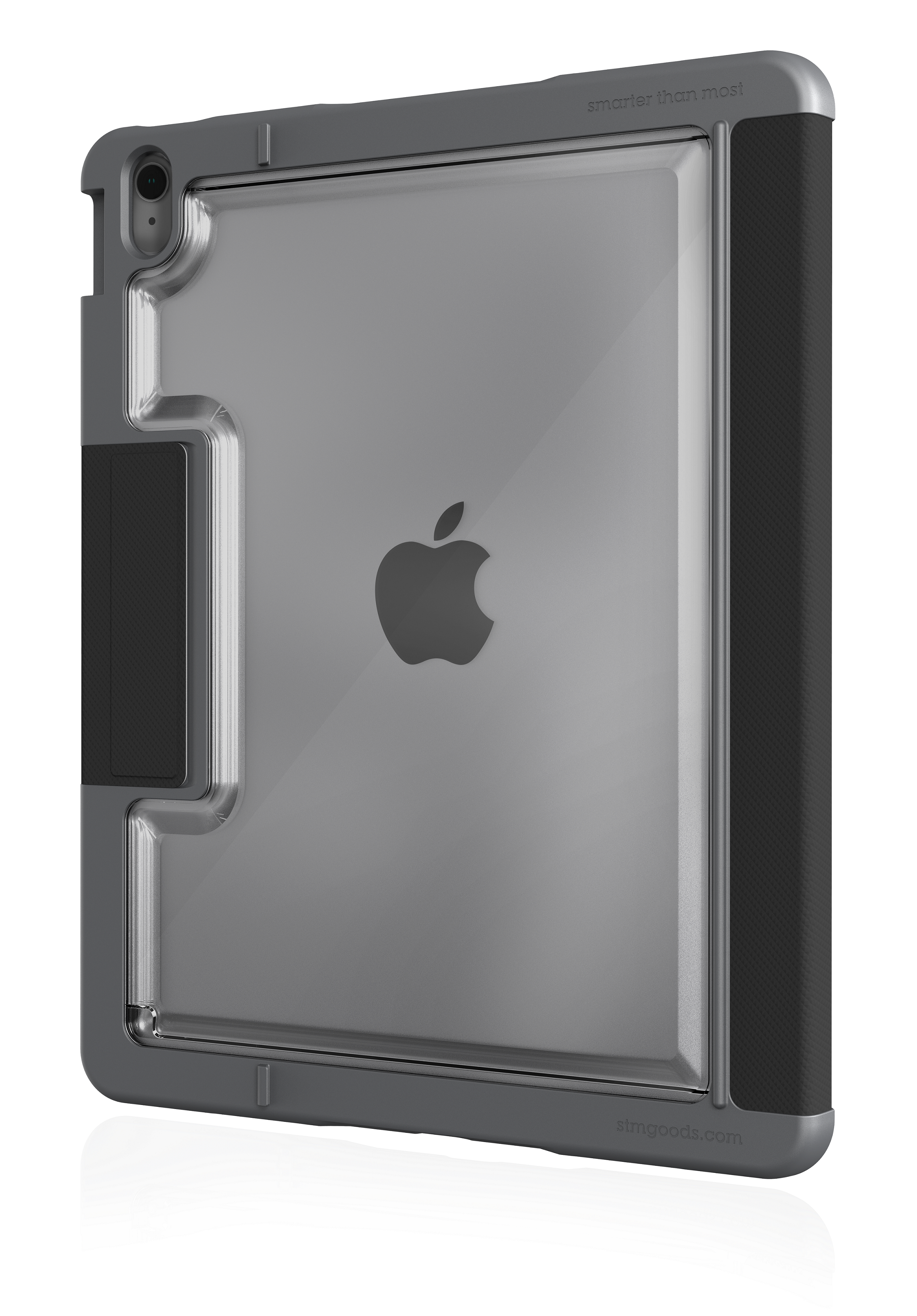 Graues iPad in einer Schutzhülle, mit sichtbar dem Apple-Logo, vor weißem Hintergrund.