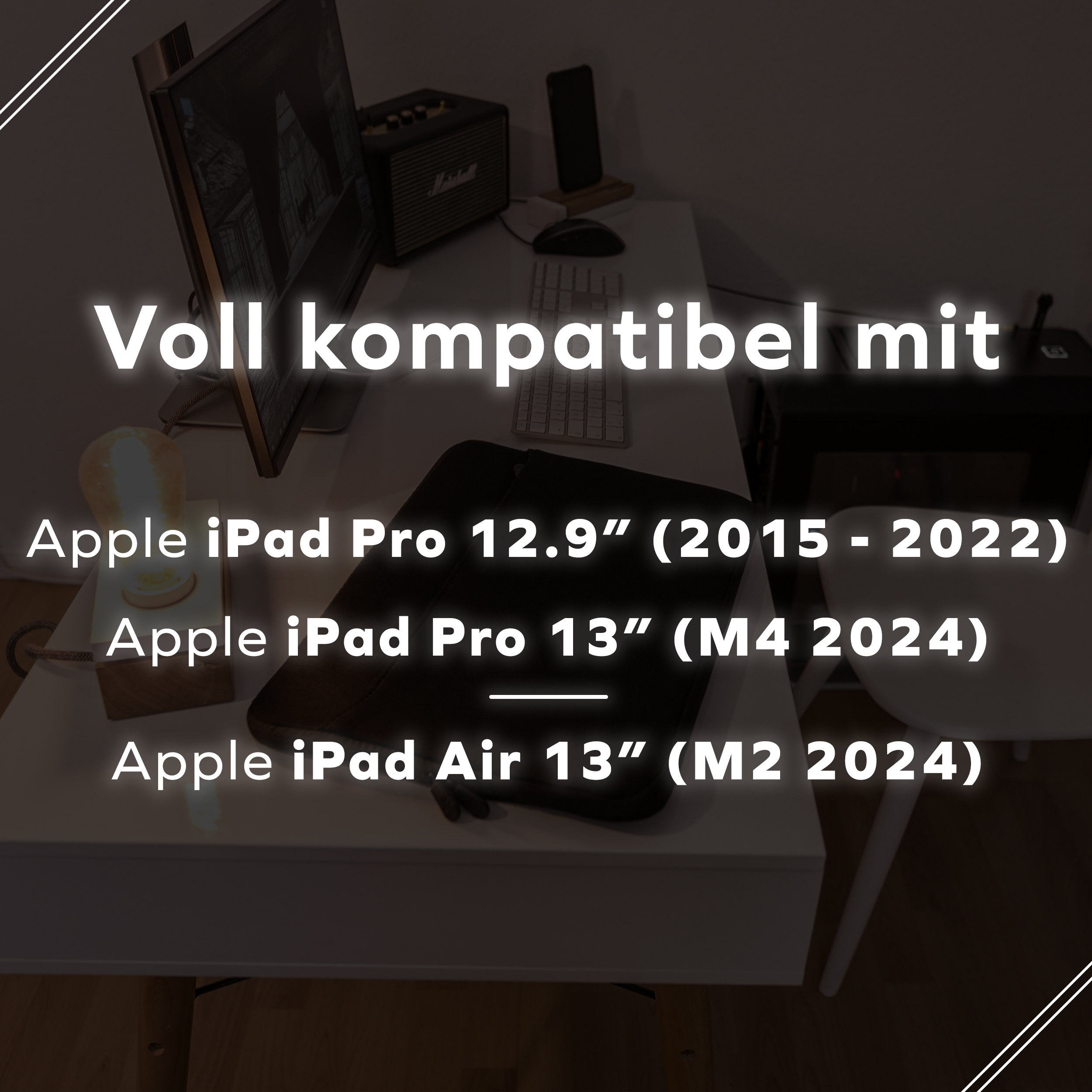 Weißer Schreibtisch mit Text: Kompatibel mit Apple iPad Pro 12.9", 13" (M4 2024) und Air 13" (M2 2024).