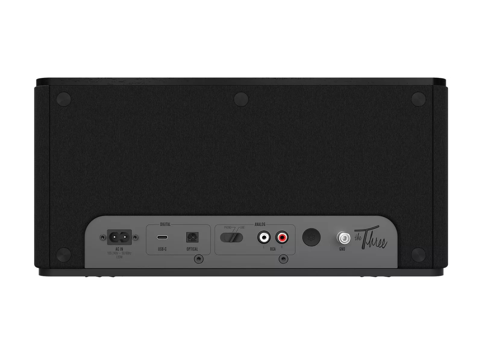 Achteraanzicht van een zwarte luidspreker met aansluitpoorten, waaronder USB-C, optische en analoge audio-ingangen.
