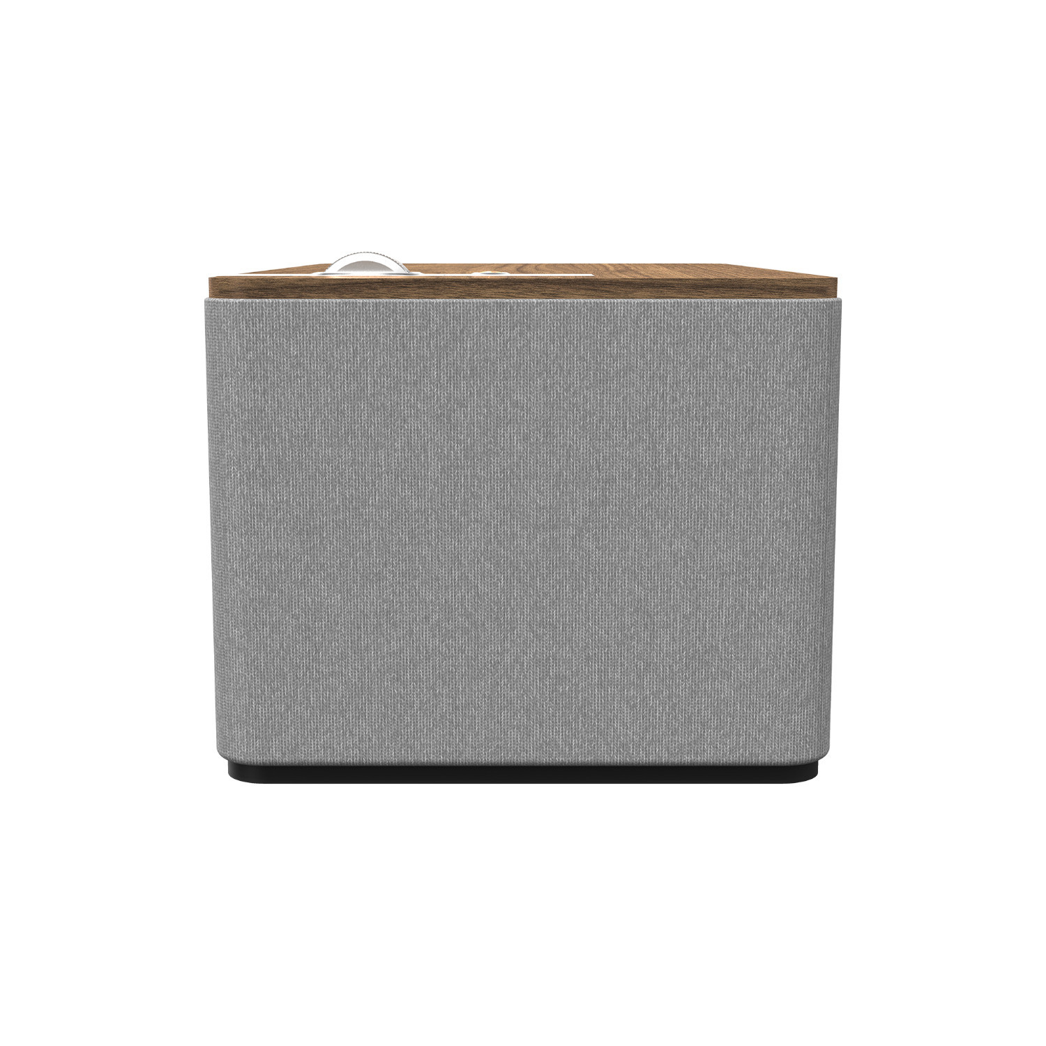 Een grijze luidspreker met een houten bovenkant. De luidspreker staat op een witte achtergrond.