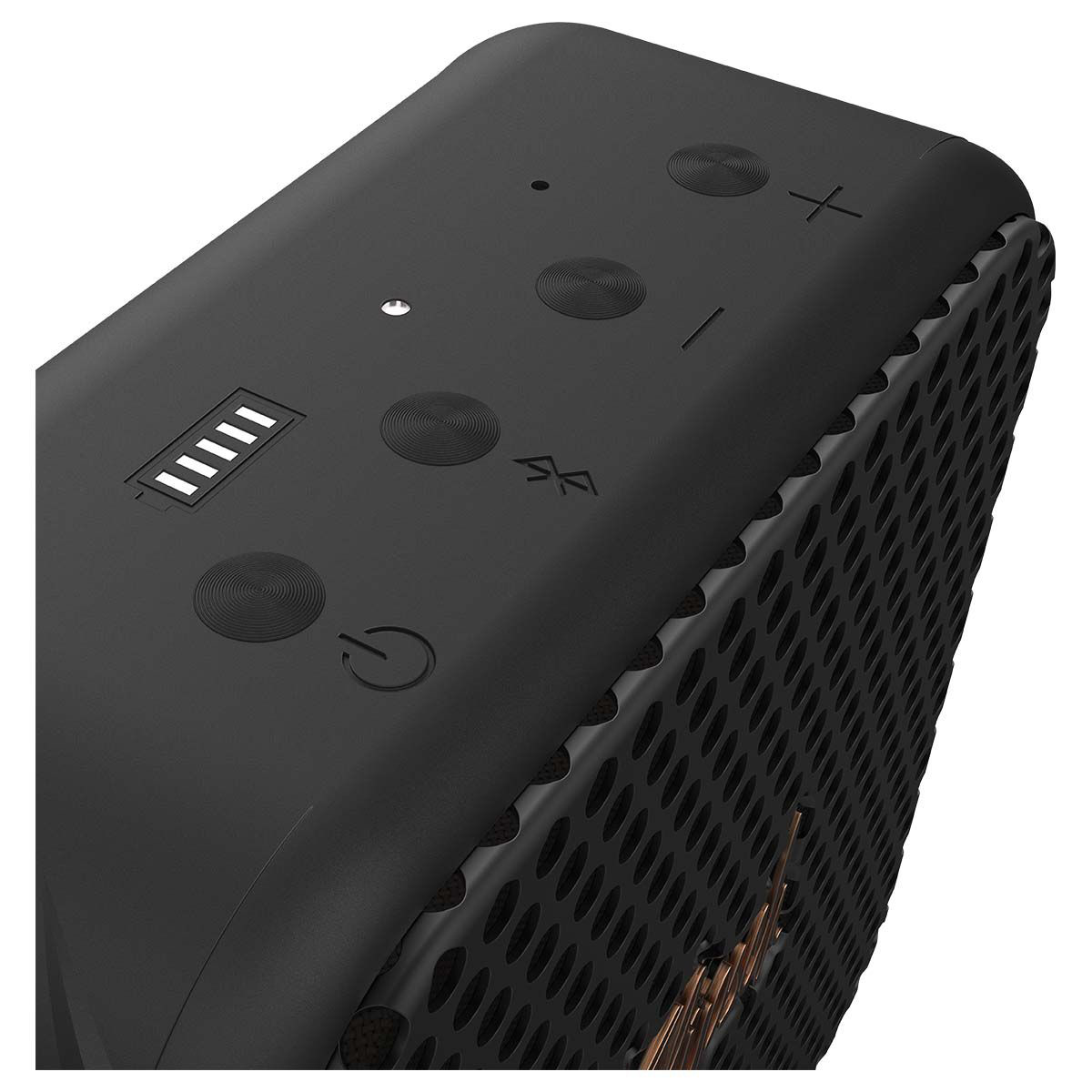 Czarny prostokątny głośnik z przyciskami na górze. Przyciski obejmują sterowanie zasilaniem, głośnością i Bluetooth.