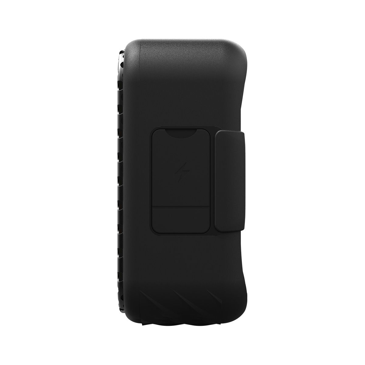 Czarny pokrowiec ochronny na urządzenie, z klapką i wycięciem. Etui jest widoczne z boku.