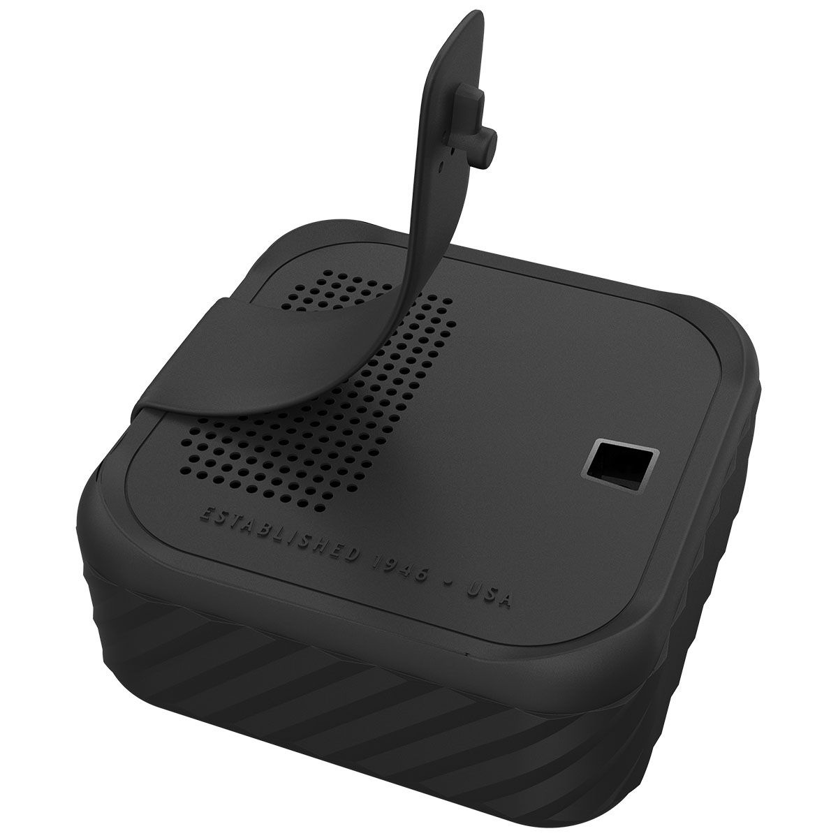Czarne urządzenie z otwartą pokrywą, pokazujące głośnik i otwory.