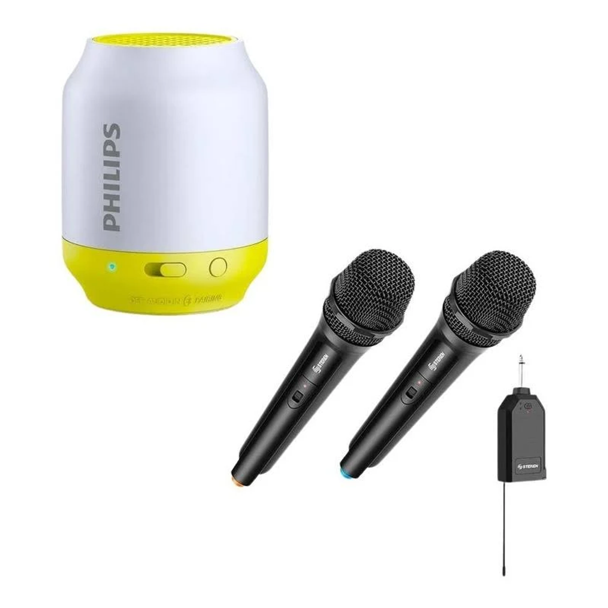 Biało-żółty głośnik z dwoma czarnymi mikrofonami i odbiornikiem.