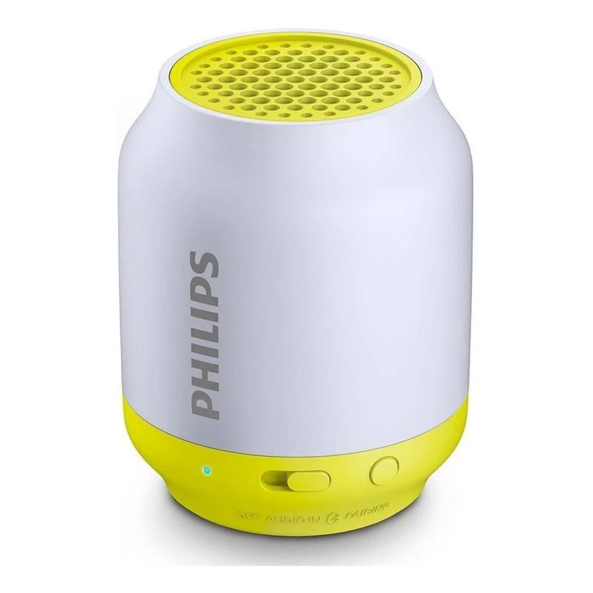 Biało-żółty głośnik Philips, z żółtą górą i podstawą oraz logo Philips.