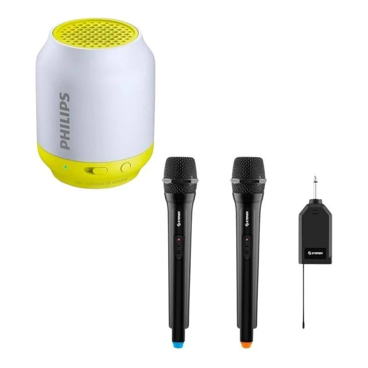 Głośnik Philips i dwa czarne mikrofony z nadajnikiem bezprzewodowym. Głośnik jest żółty i biały.