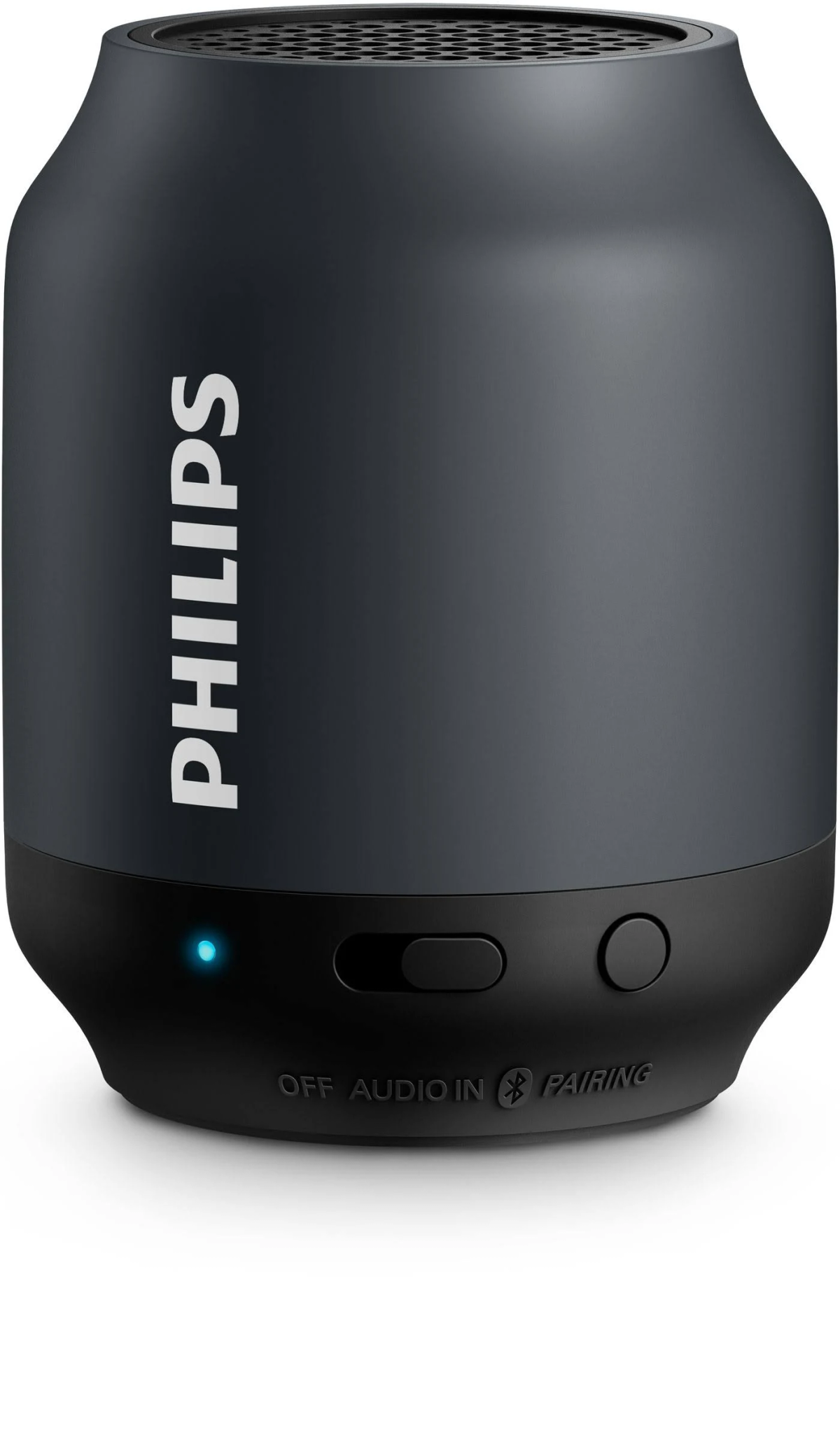 Głośnik Bluetooth Philips, czarna podstawa, szary korpus i białe logo Philips.