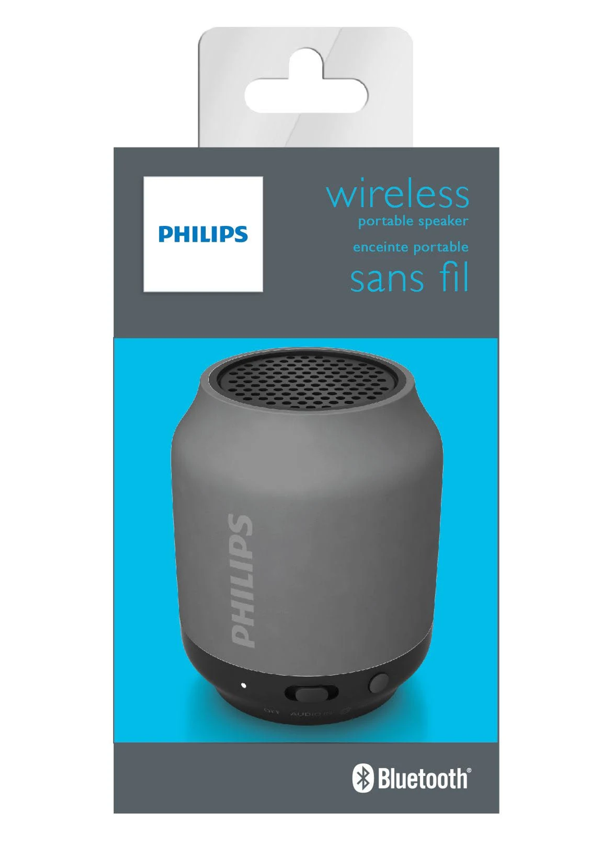 Szary bezprzewodowy głośnik przenośny w pudełku z niebieskim tłem. Widoczne logo Philips.