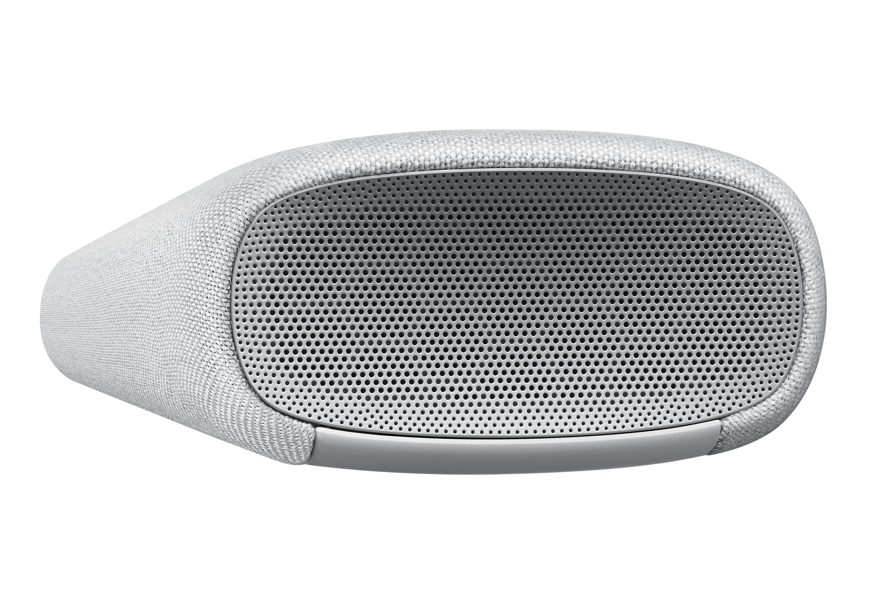 Soundbar bianca con bordi arrotondati e griglia altoparlante a rete.