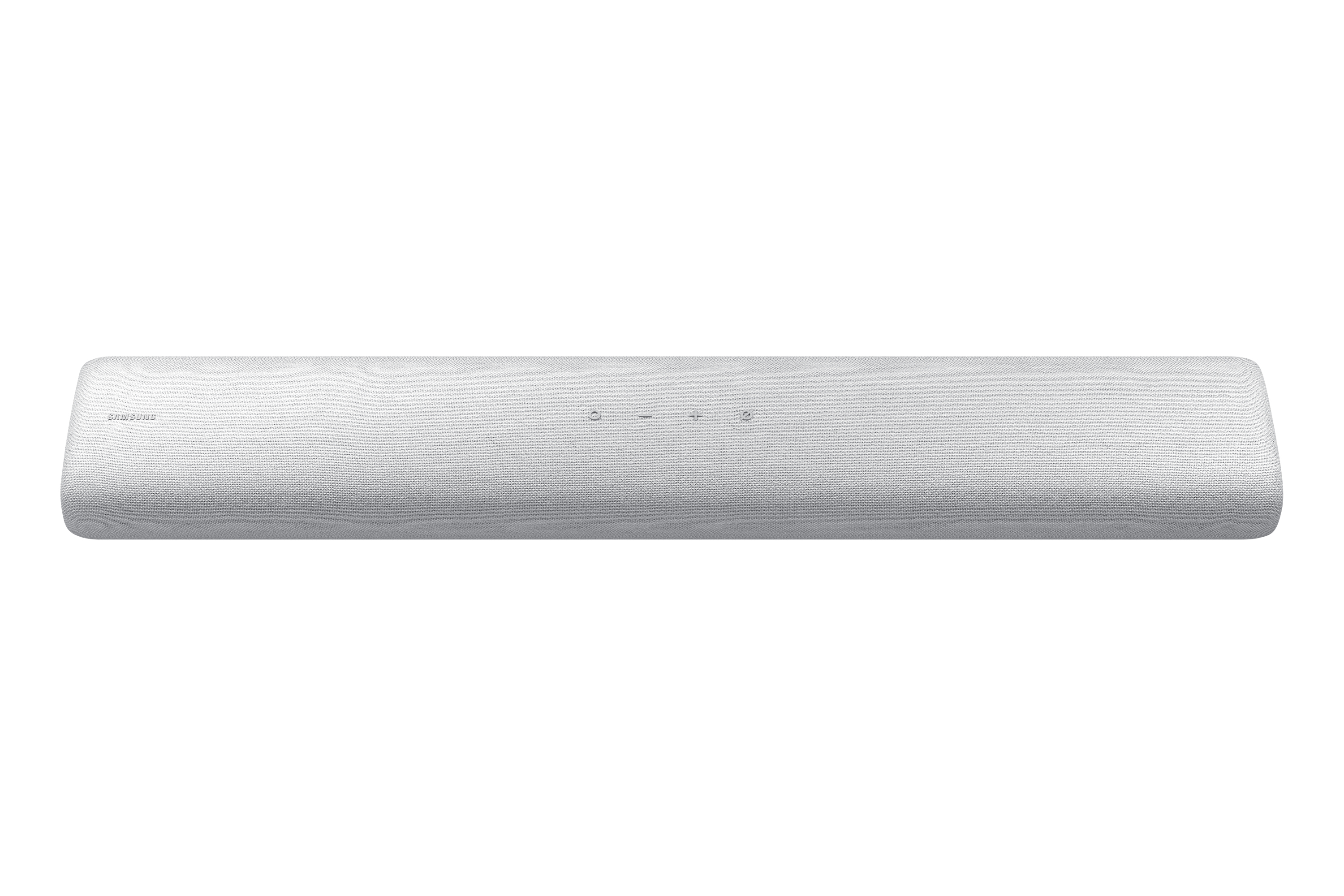 Una soundbar bianca con logo Samsung argentato, su sfondo bianco.