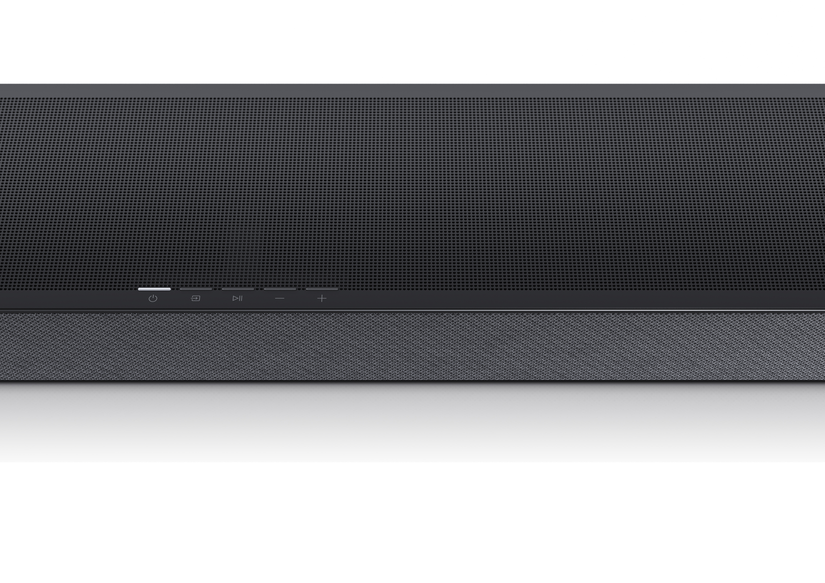Schwarze Soundbar mit Bedienelementen auf weißem Hintergrund.