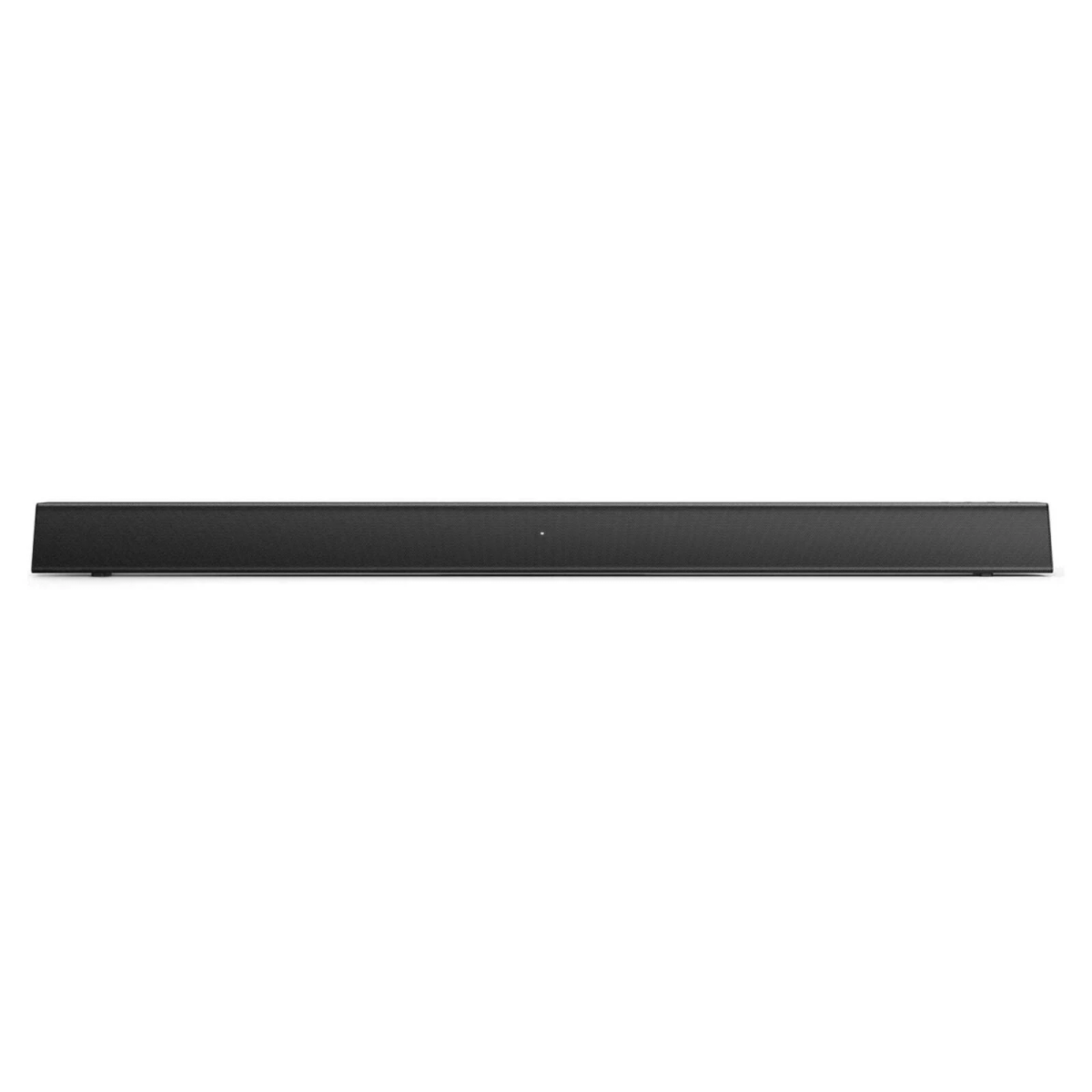 Czarny soundbar na białym tle, o prostym i minimalistycznym designie.
