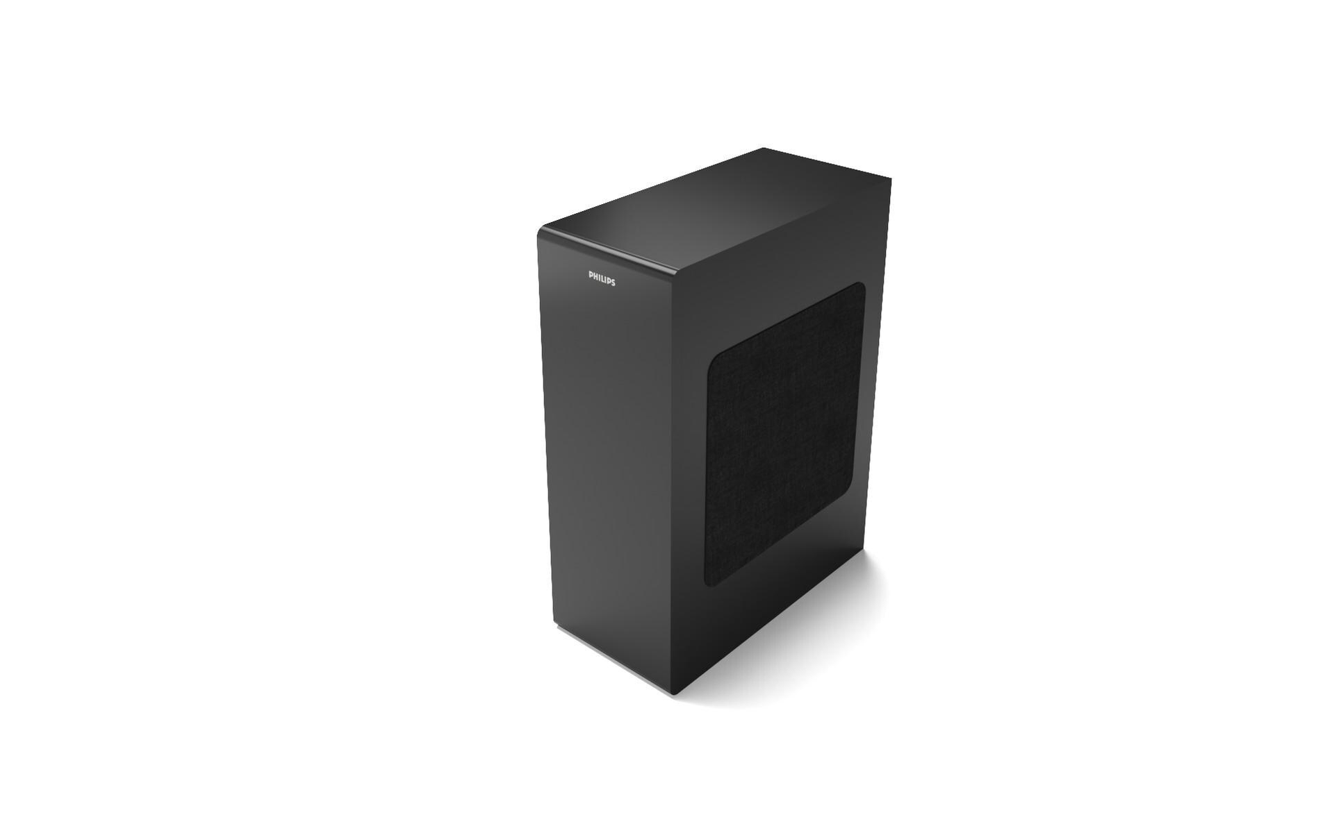 Czarny subwoofer, prostokątny z zaokrąglonymi rogami. Przód ma kratkę głośnika.