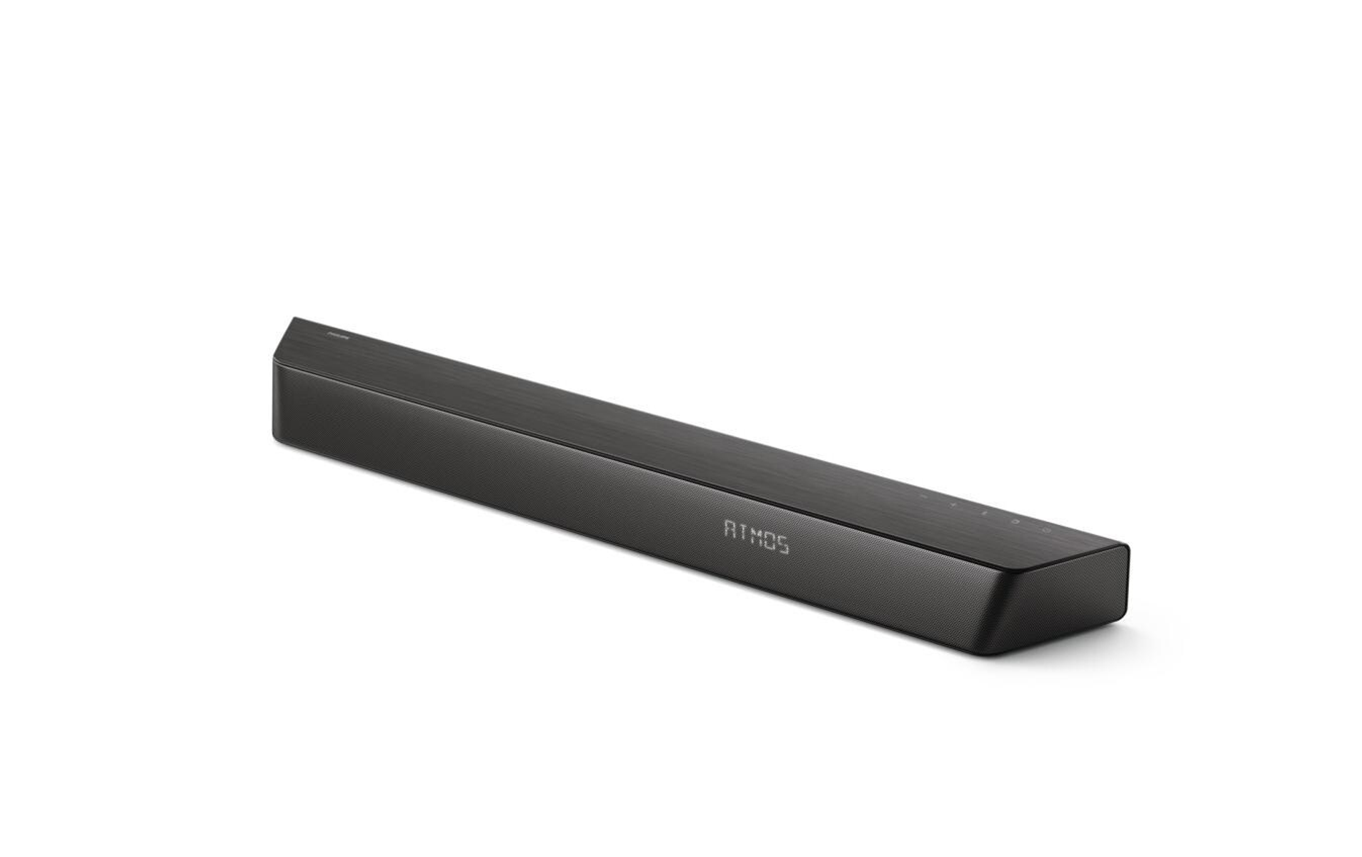 Czarny soundbar z wyświetlonym napisem "ATMOS". Białe tło.