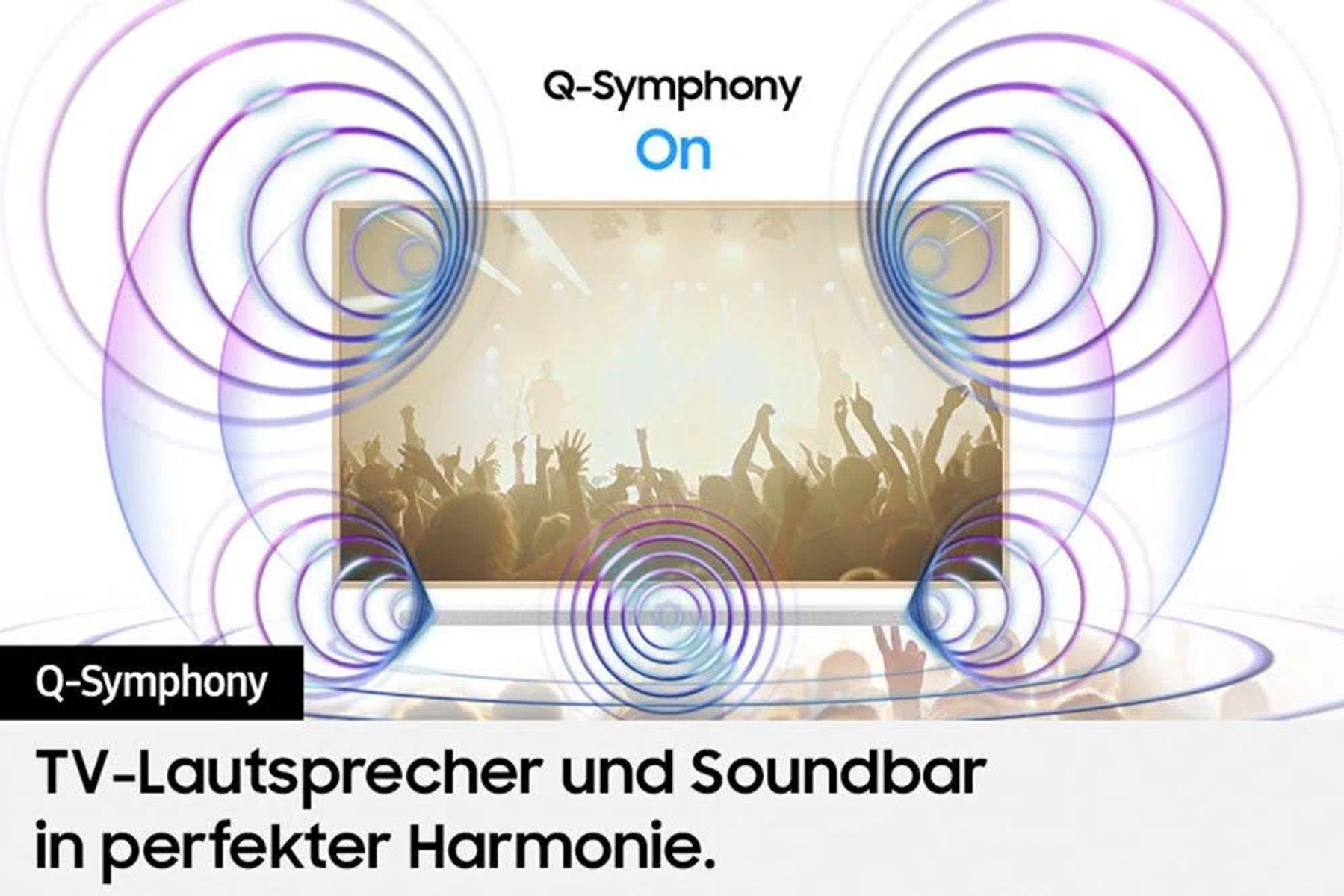Bild eines Fernsehers mit Schallwellen und Text, Werbung für ein Soundsystem.