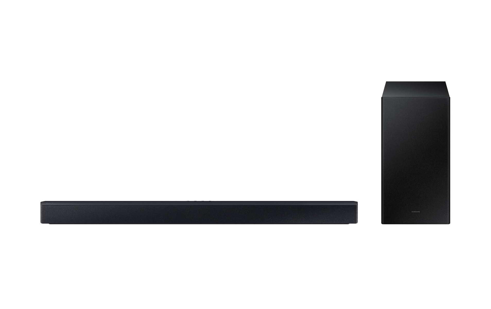 Conjunto de barra de sonido y subwoofer negros sobre fondo blanco.