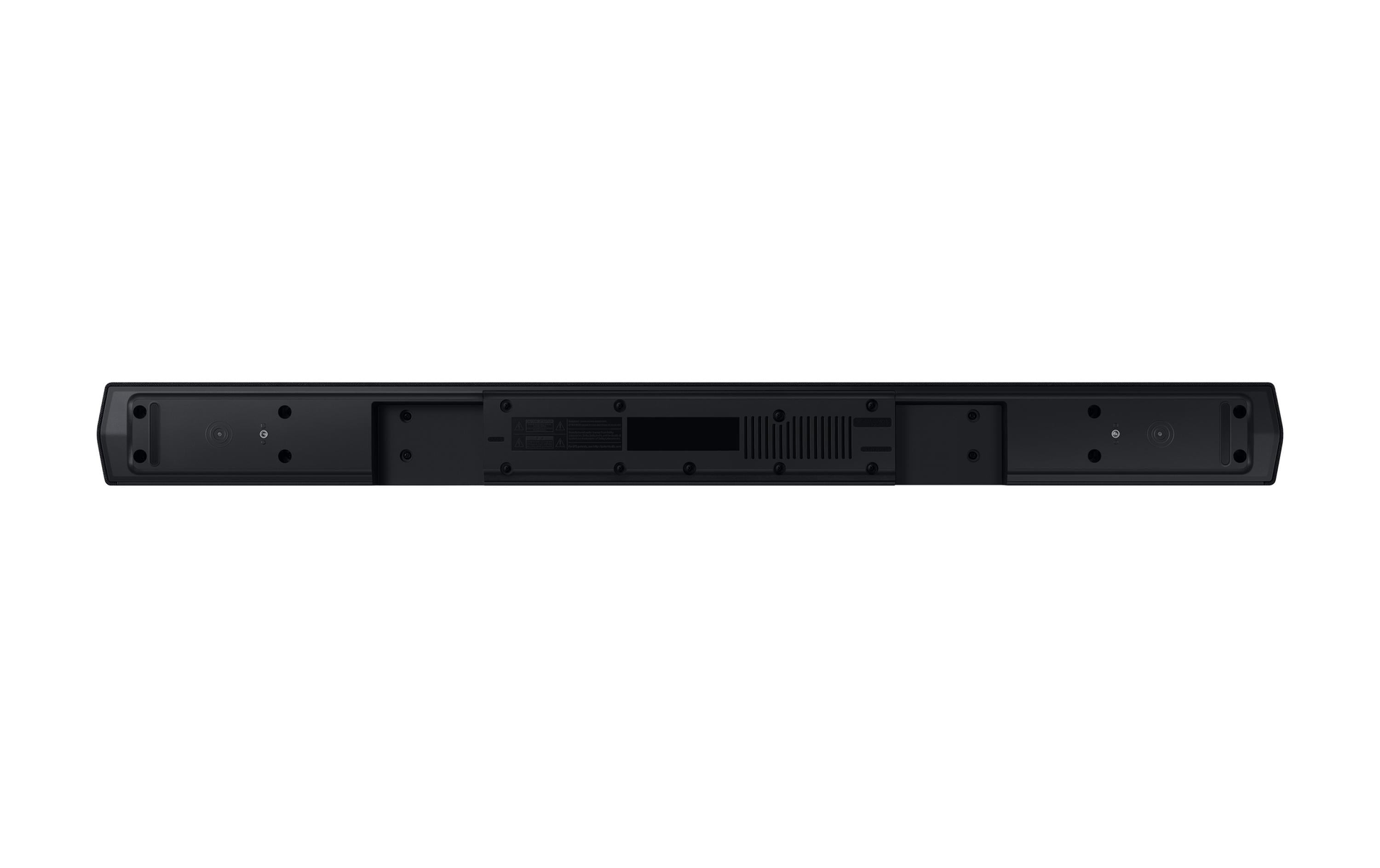 Vista inferior de una barra de sonido negra. Tiene varios puertos y orificios de montaje.