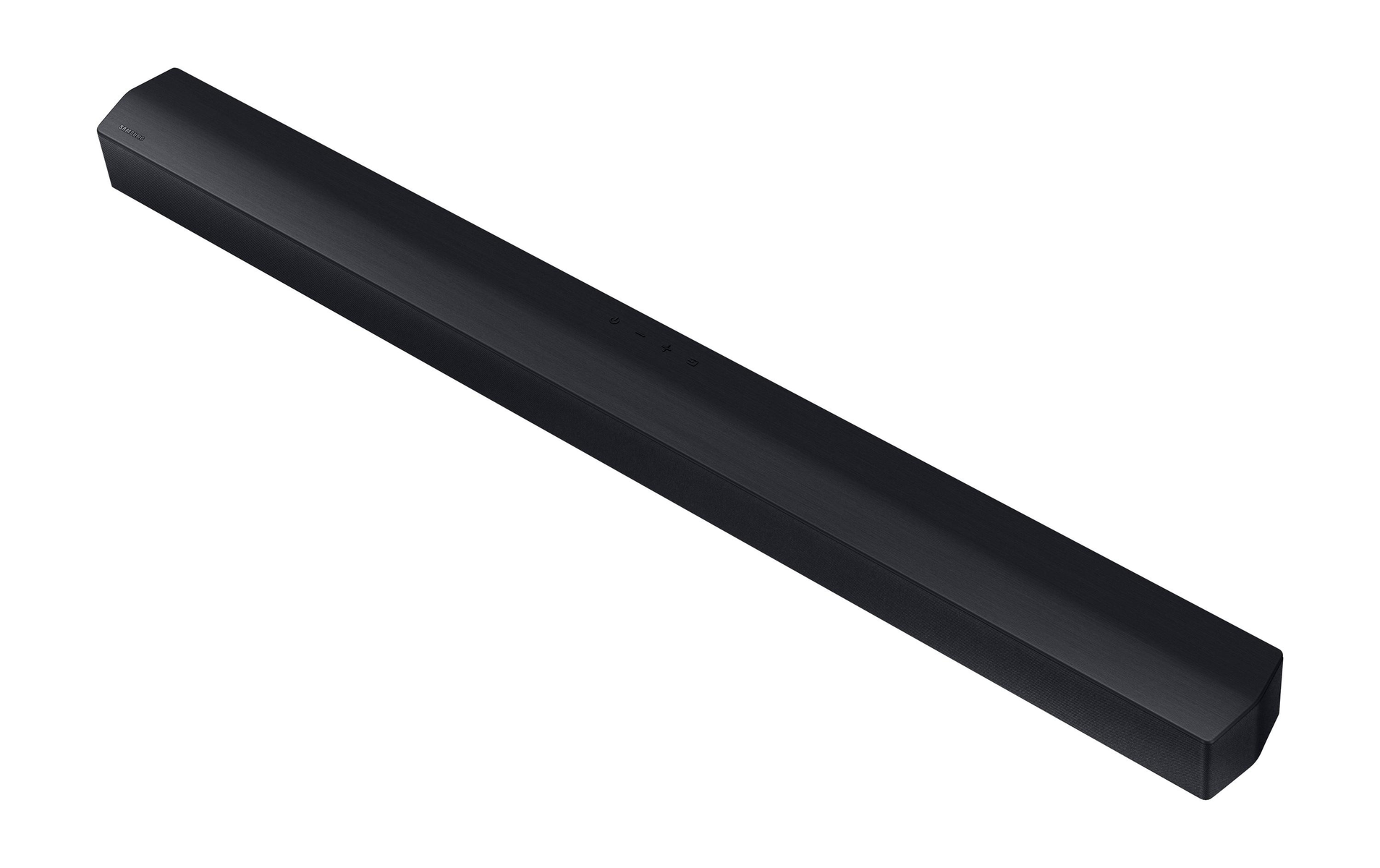Barra de sonido Samsung negra, diseño elegante, vista superior, fondo blanco.