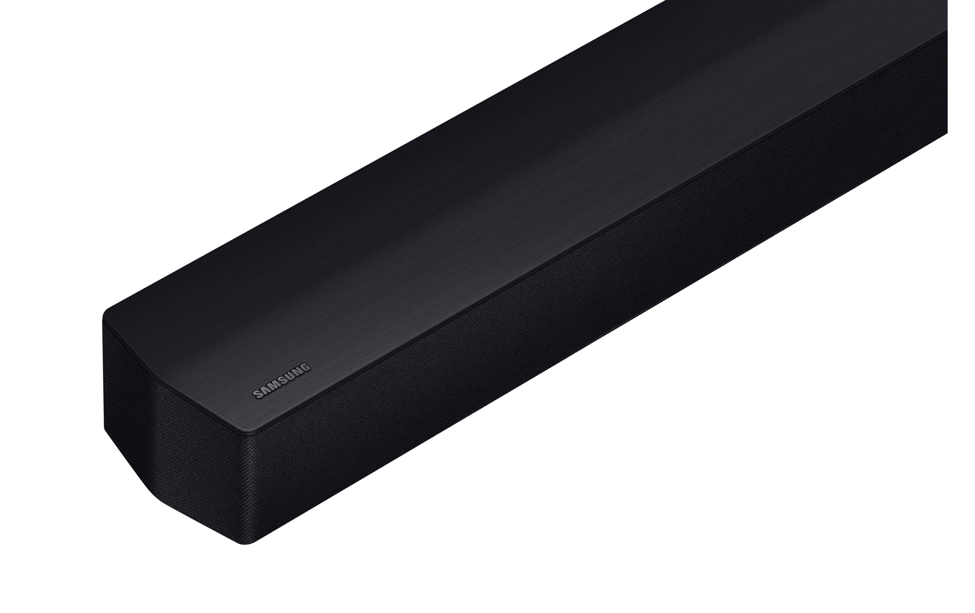 Barra de sonido Samsung negra. Tela gris en la parte superior.