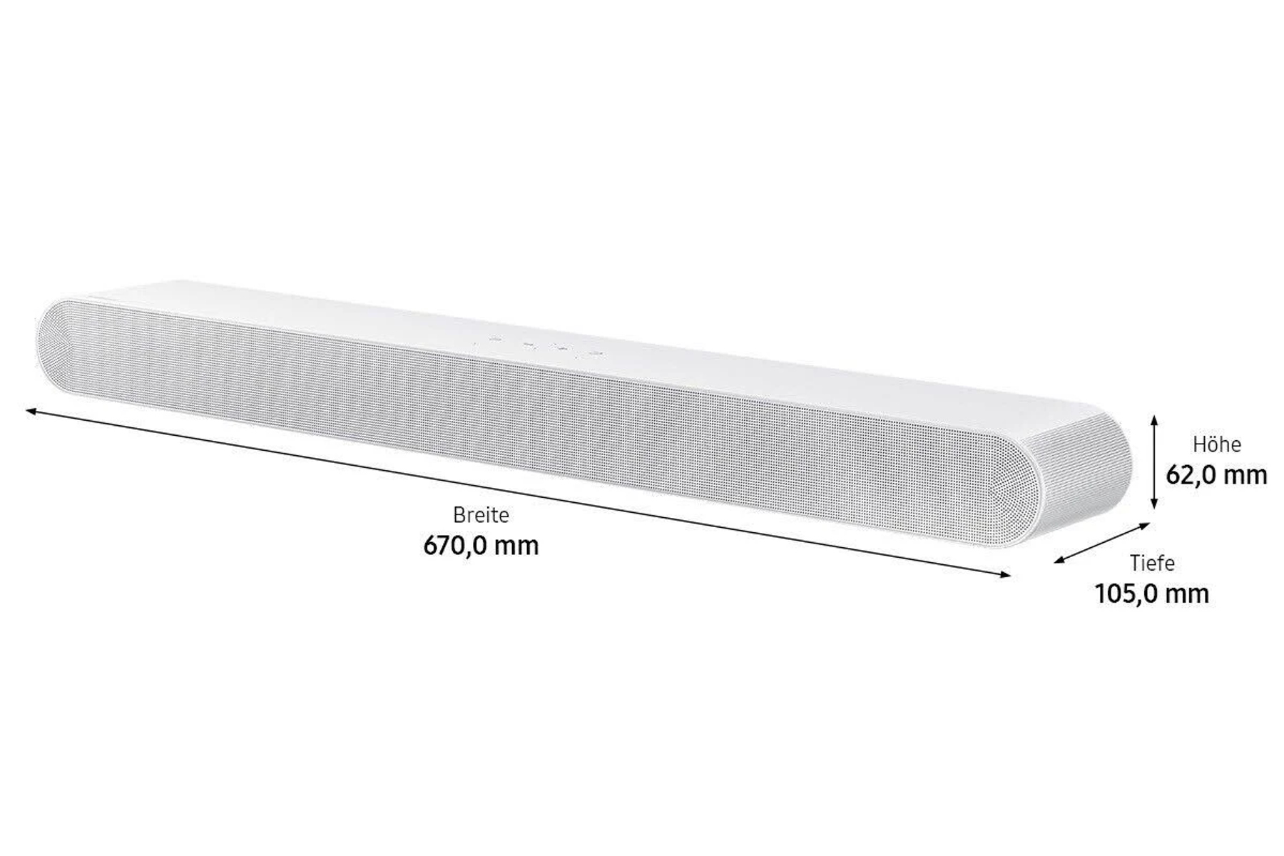 Eine weiße Soundbar mit den Maßen: Breite 670,0 mm, Höhe 62,0 mm, Tiefe 105,0 mm.