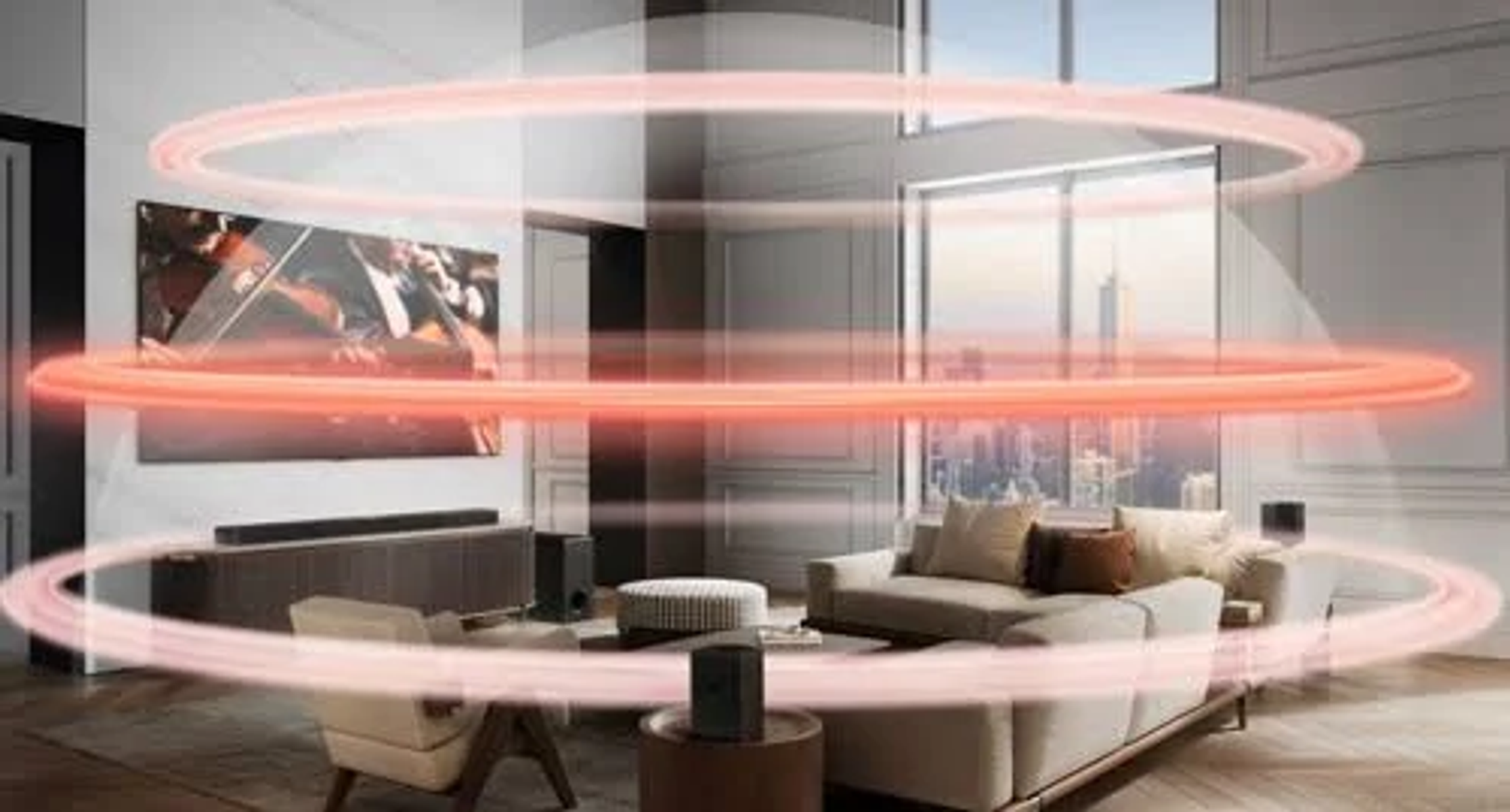 Salon z systemem dźwiękowym, animowane fale dźwiękowe.