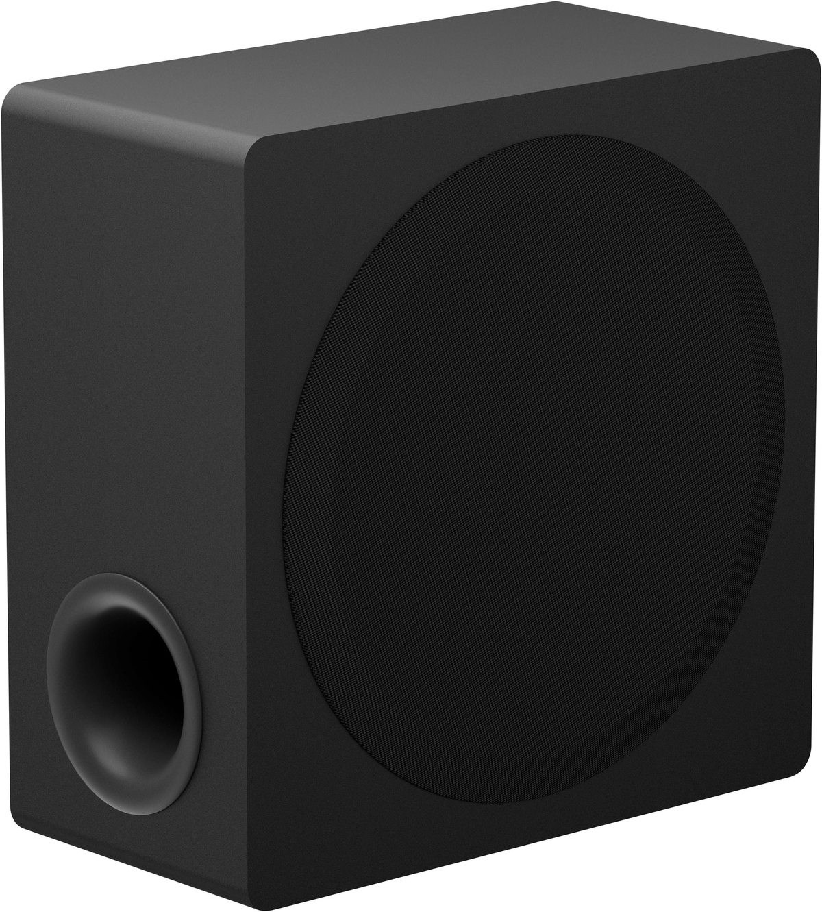 Czarny subwoofer. W kształcie kostki z okrągłym głośnikiem i portem z boku.